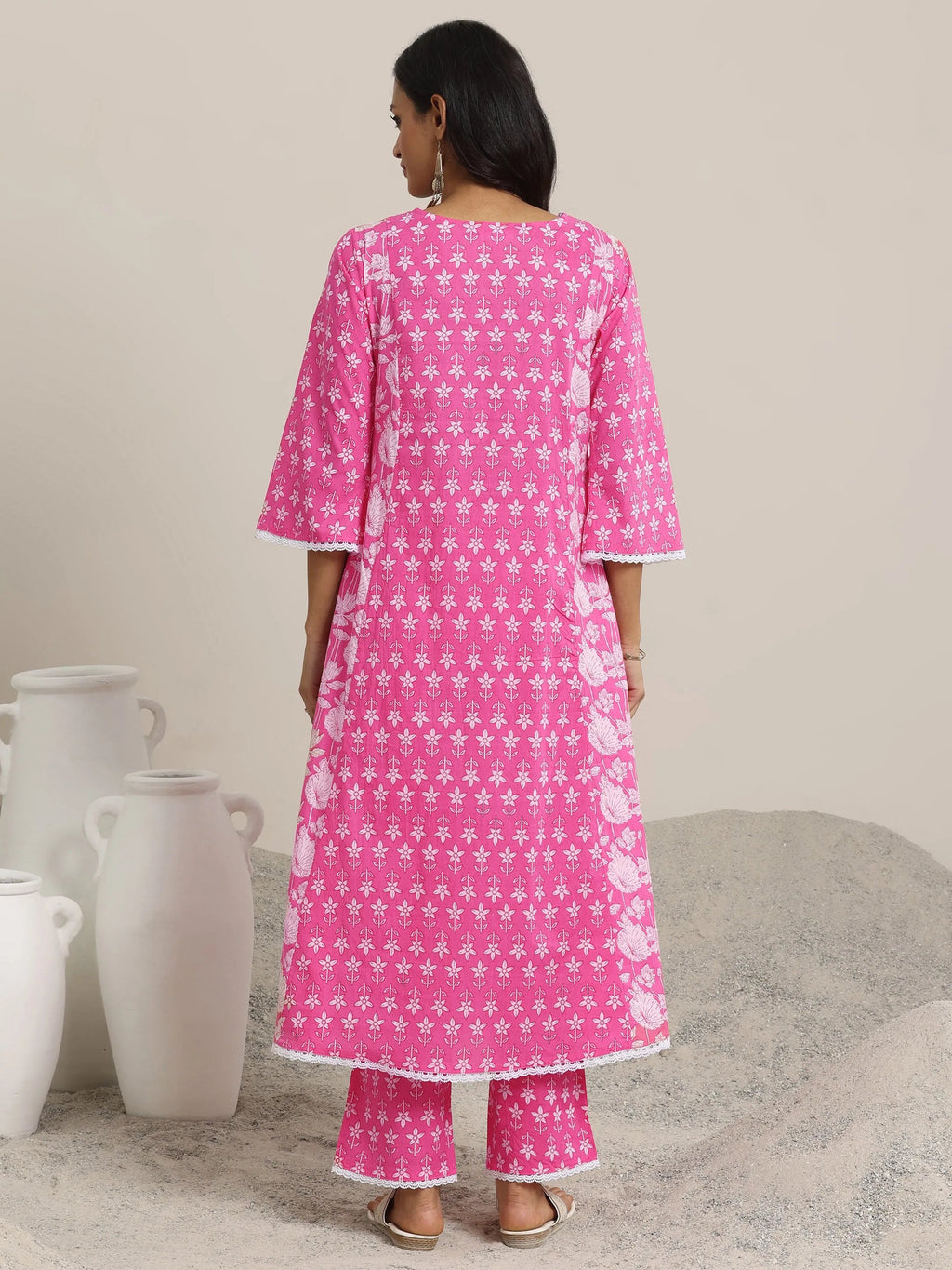 Pink Printed Cotton A-line  Kurta Set