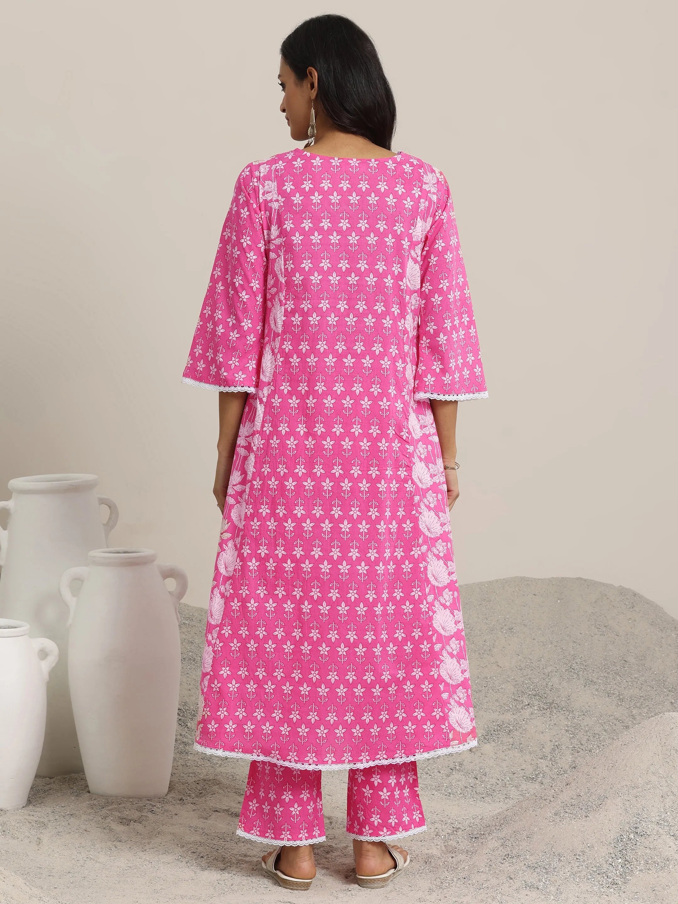Pink Printed Cotton A-line  Kurta Set