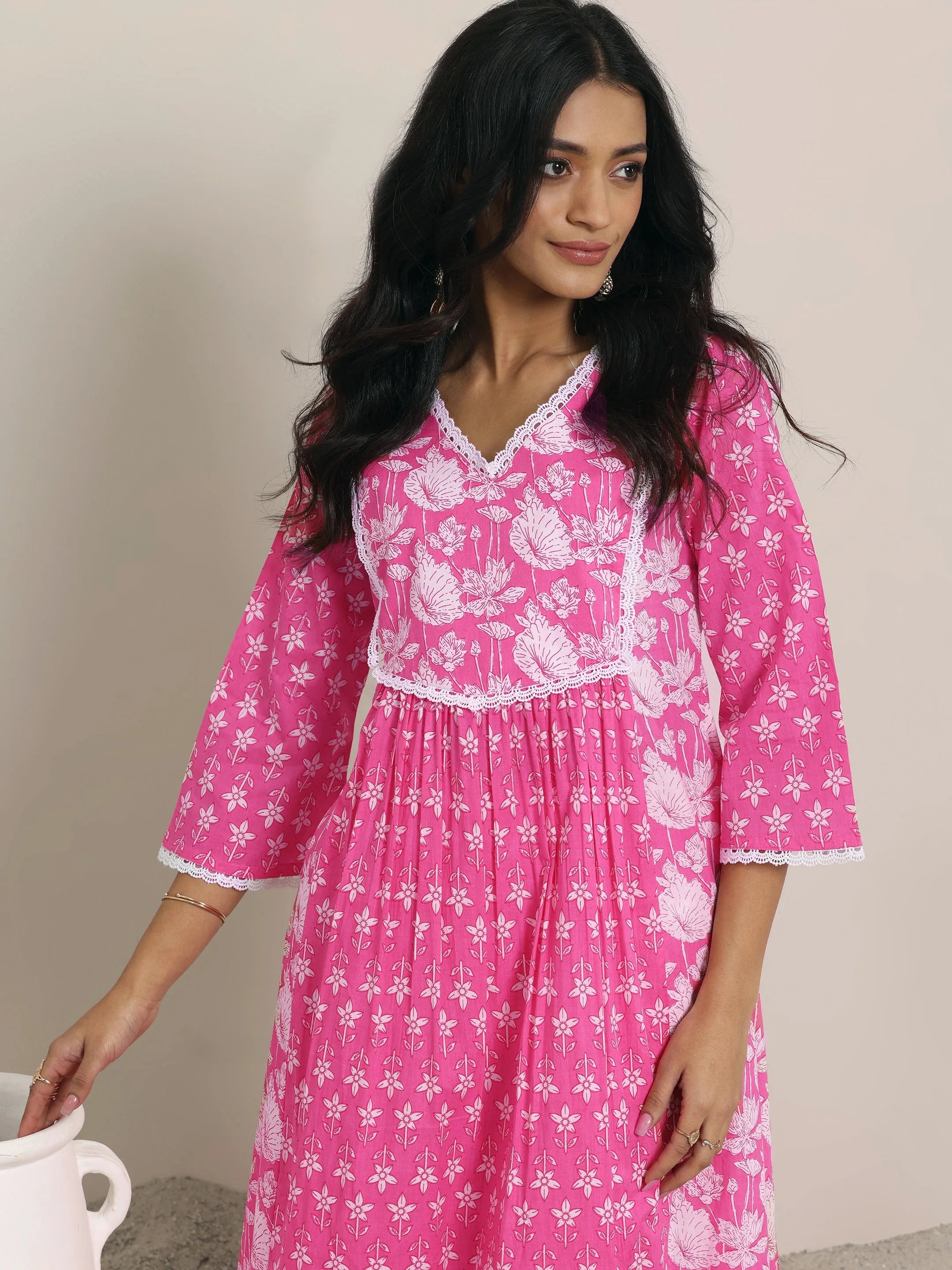 Pink Printed Cotton A-line  Kurta Set