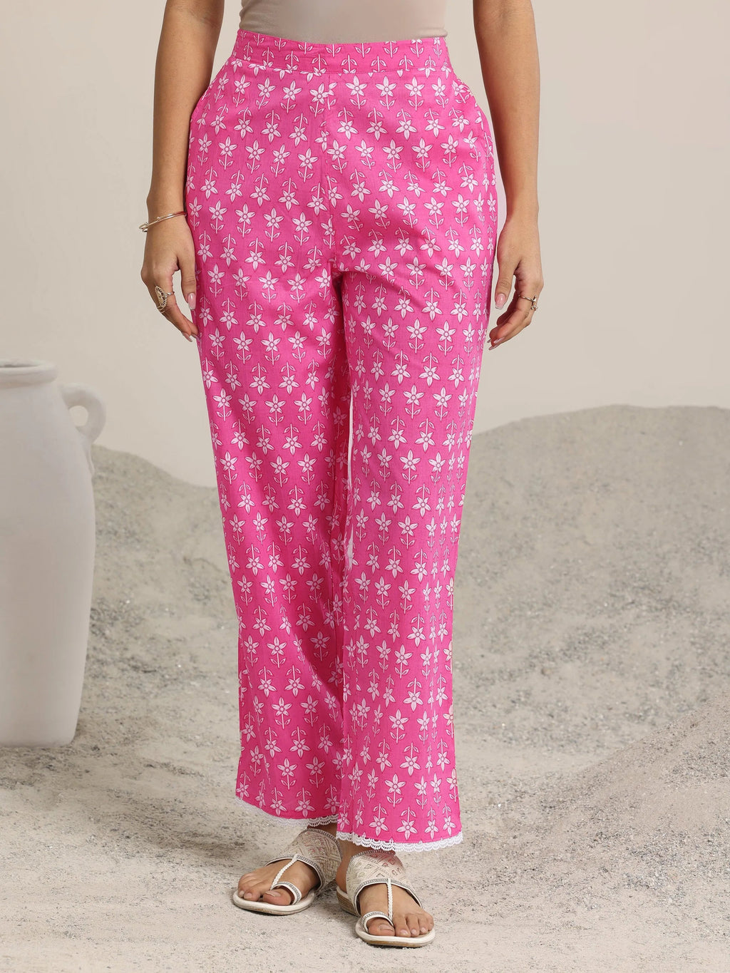 Pink Printed Cotton A-line  Kurta Set