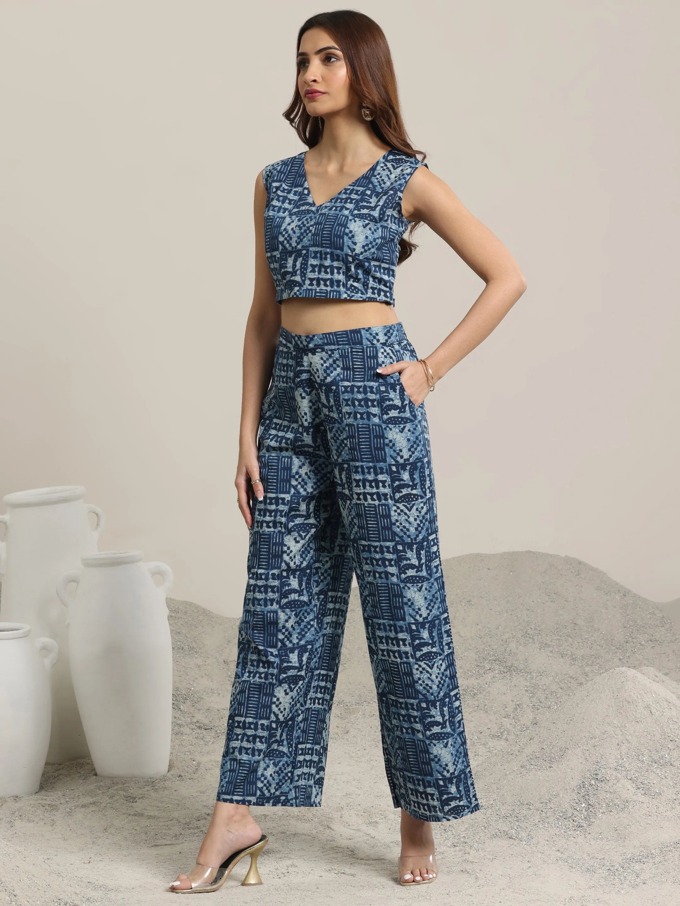 Indigo Printed Cotton 3 Piece Co-Ord Sets With jacket