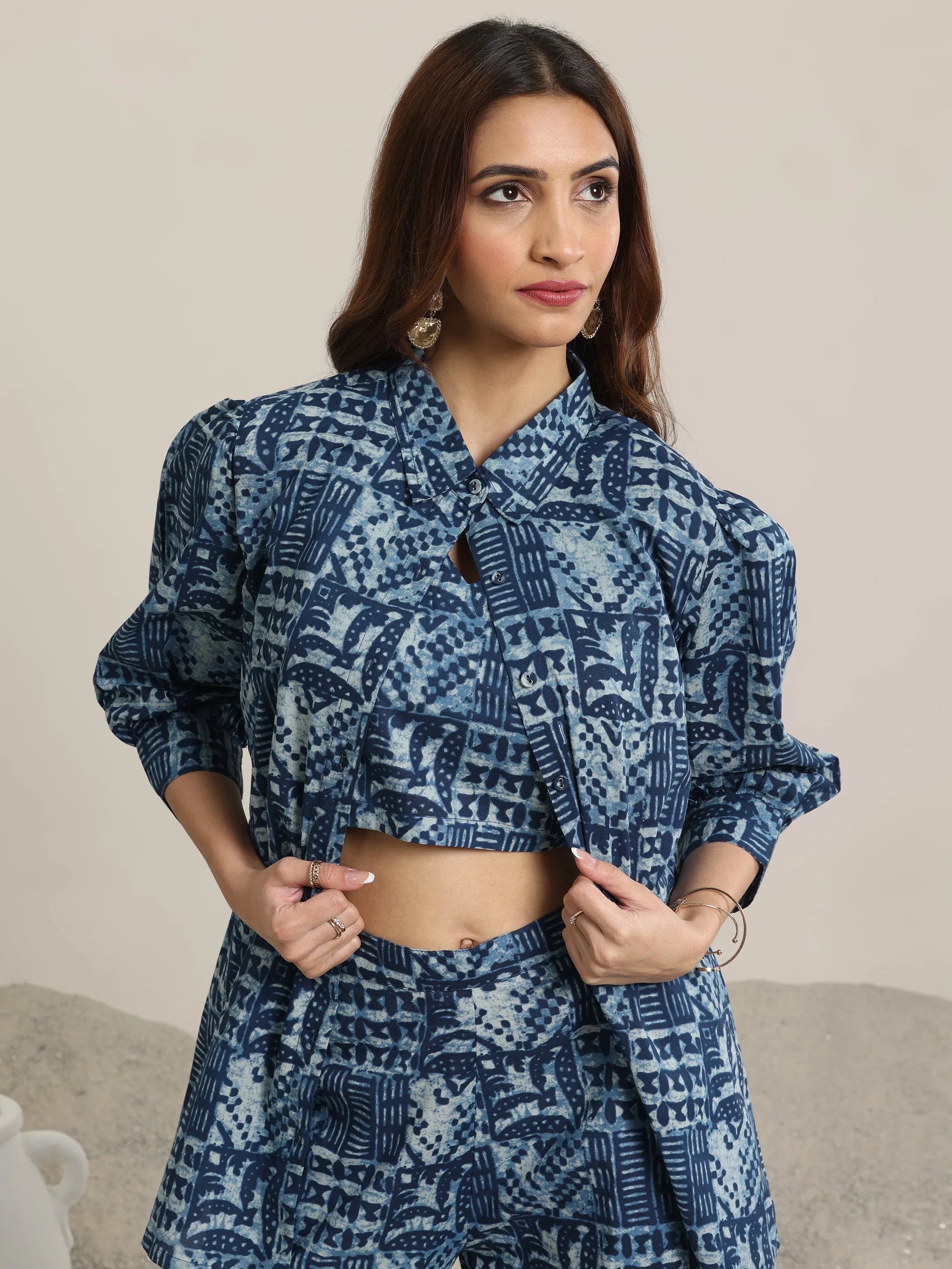 Indigo Printed Cotton 3 Piece Co-Ord Sets With jacket