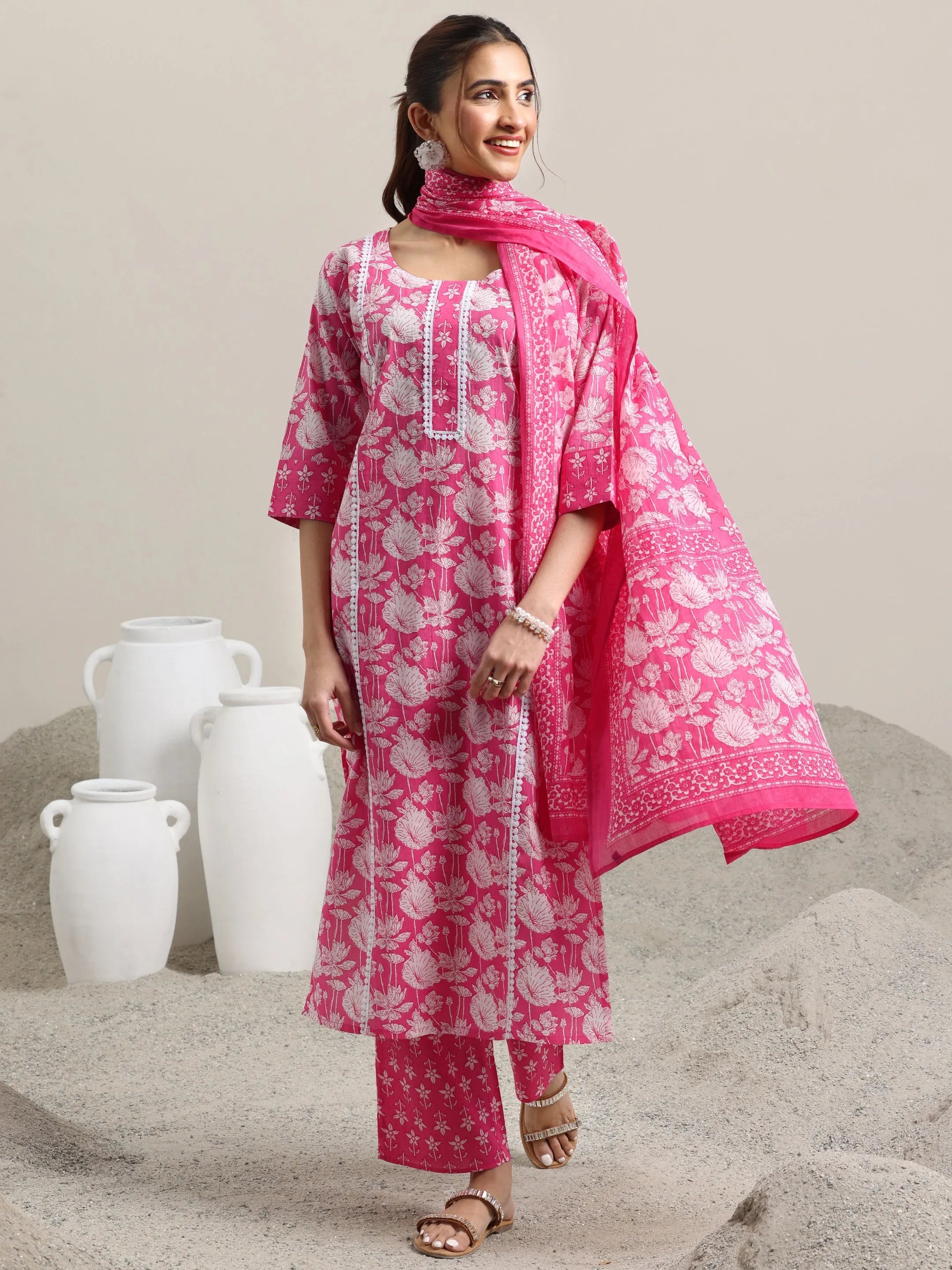 Pink Printed Cotton Straight Suit With Dupatta