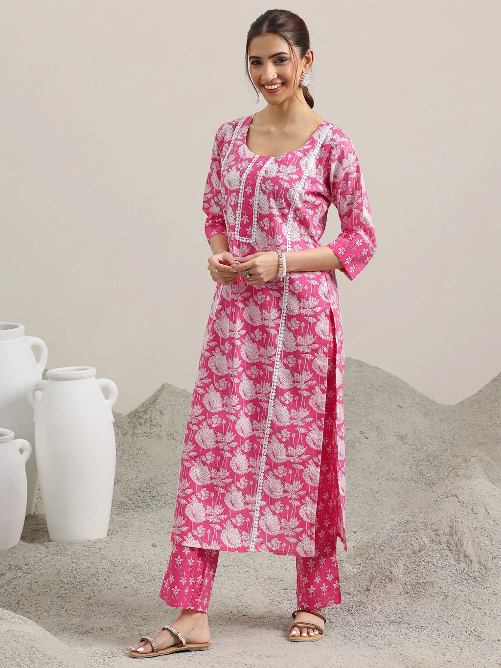 Pink Printed Cotton Straight Suit With Dupatta