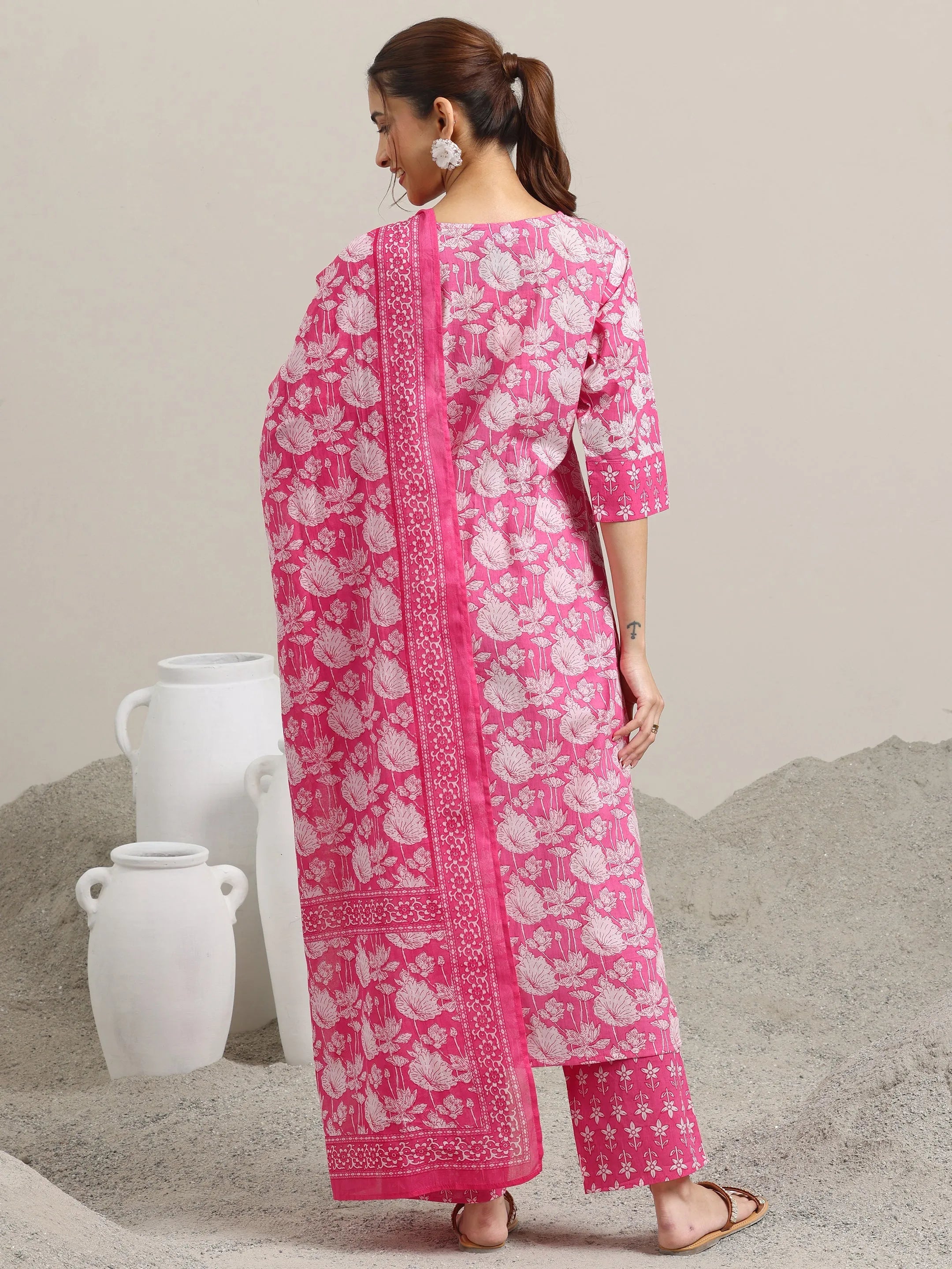 Pink Printed Cotton Straight Suit With Dupatta