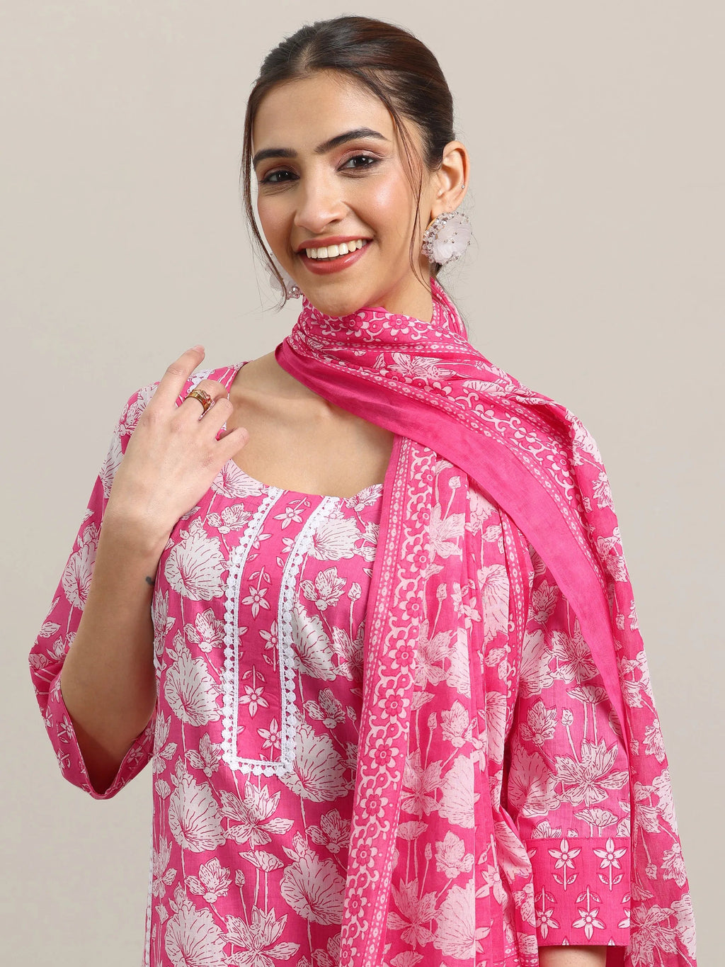 Pink Printed Cotton Straight Suit With Dupatta