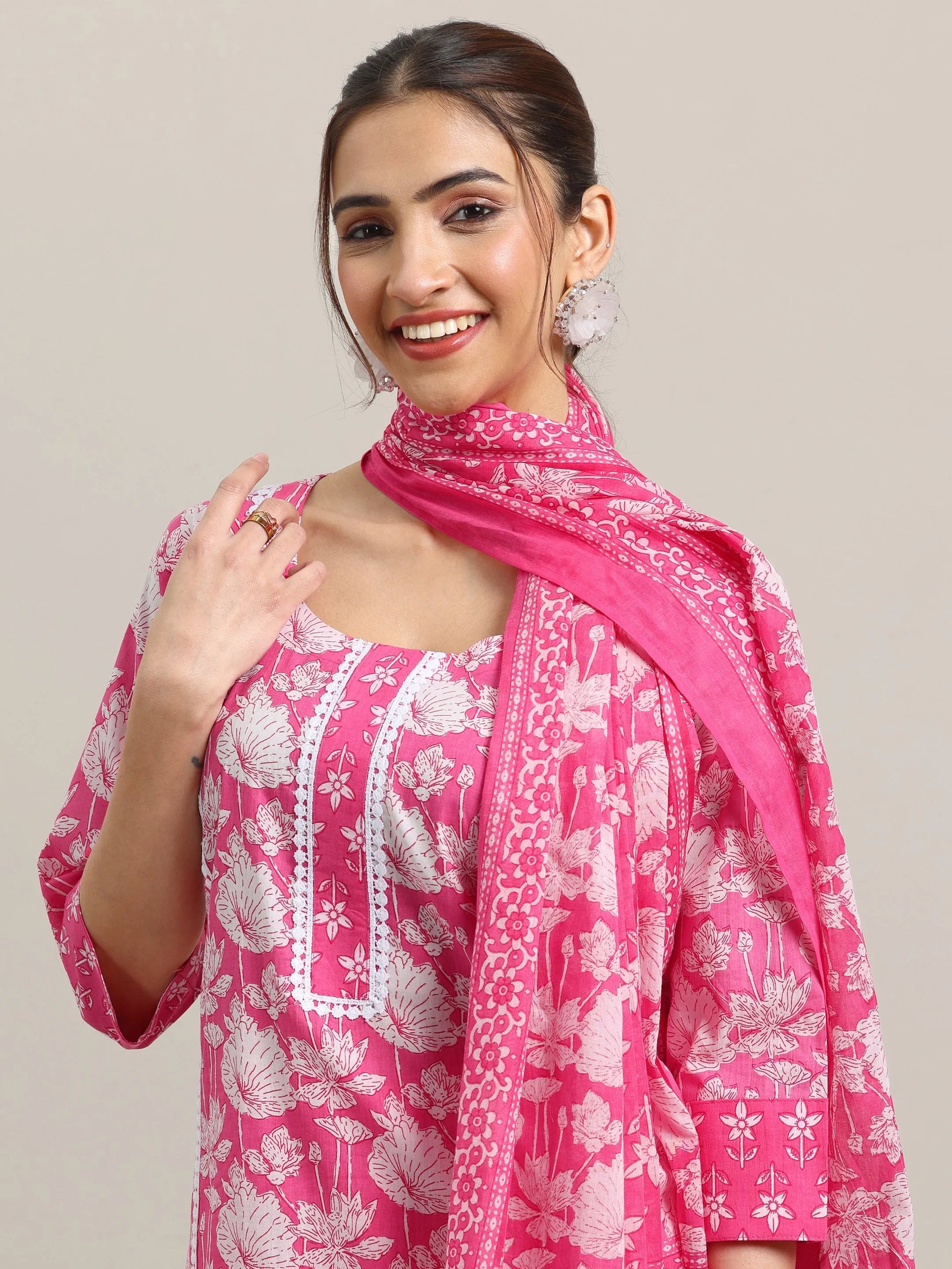 Pink Printed Cotton Straight Suit With Dupatta