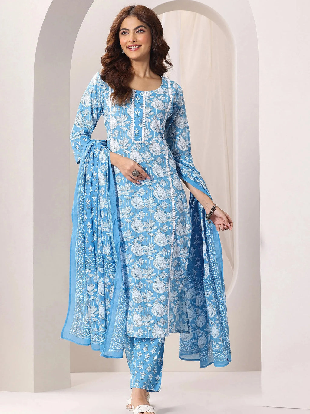 Blue Printed Cotton Straight Suit Set With Dupatta