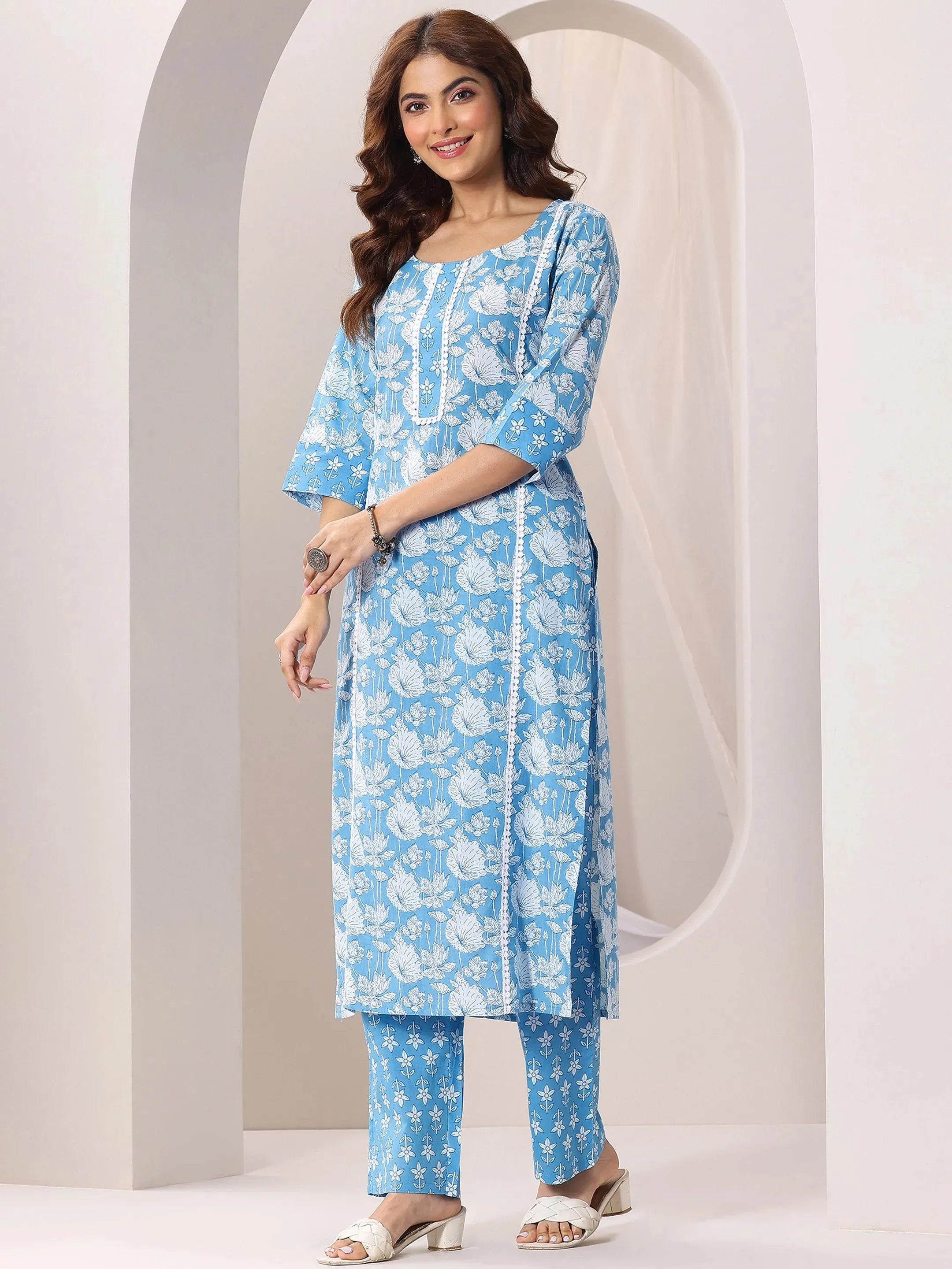 Blue Printed Cotton Straight Suit Set With Dupatta