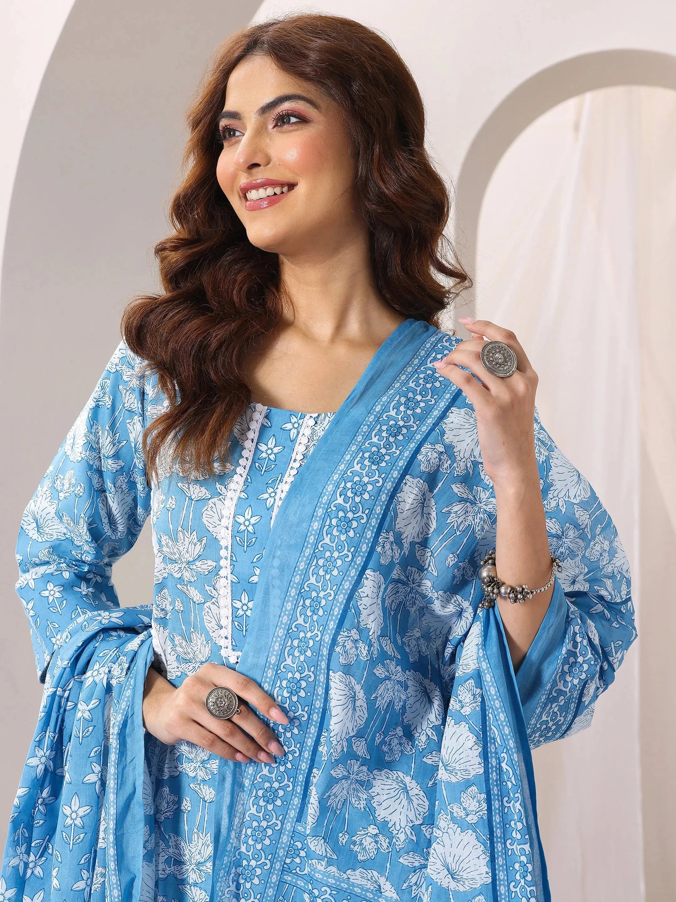 Blue Printed Cotton Straight Suit Set With Dupatta