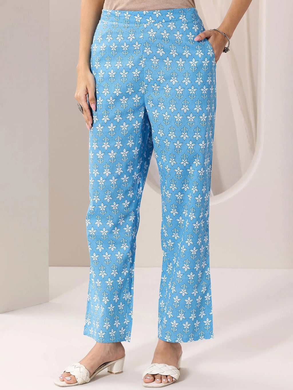 Blue Printed Cotton Straight Suit Set With Dupatta