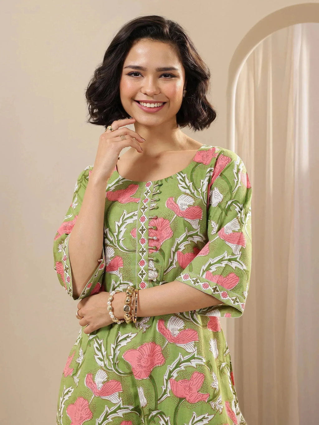 Green Printed Cotton Straight Suit Sets With Dupatta