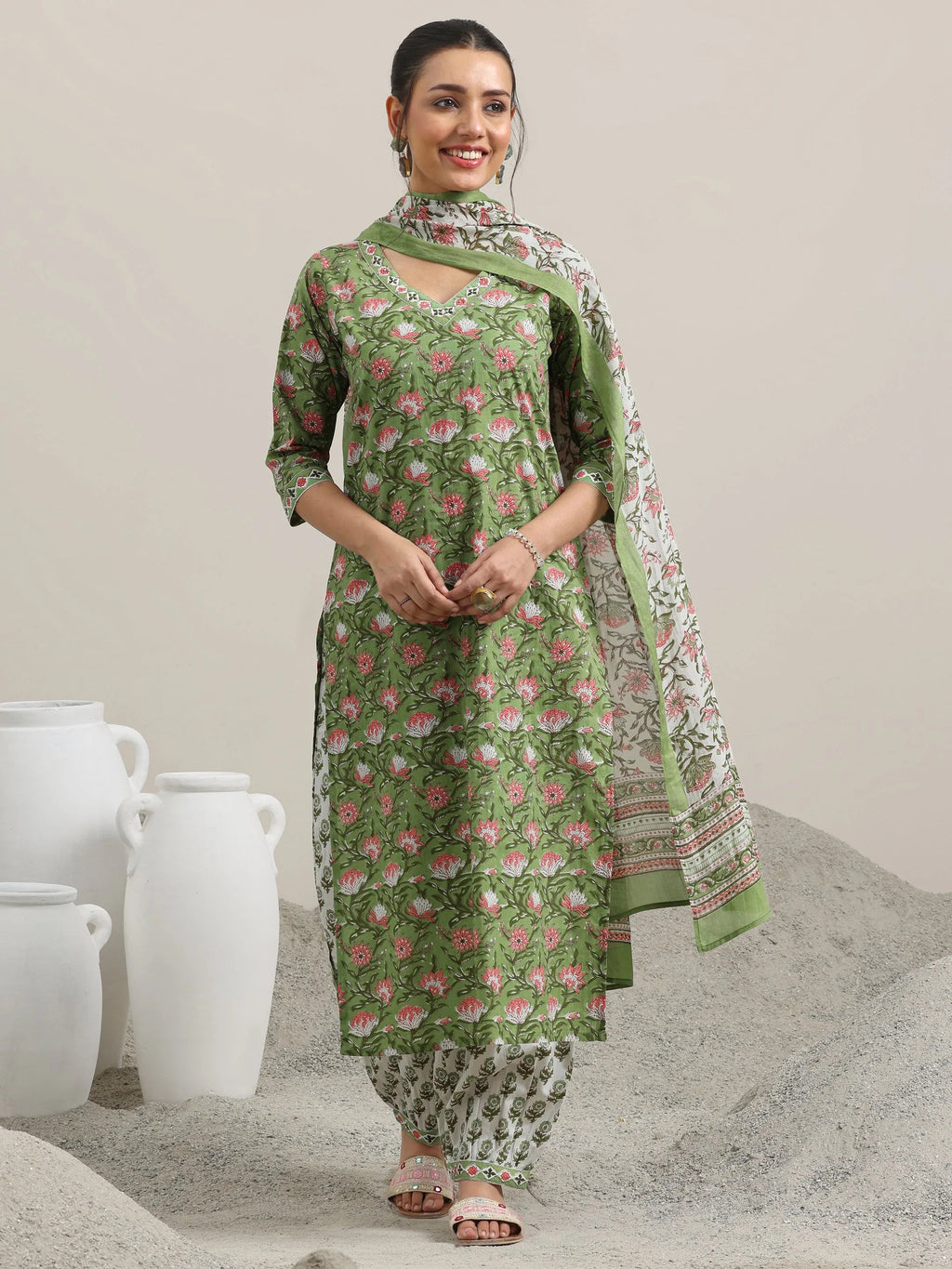 Green Printed Cotton Straight Suit Set With Dupatta