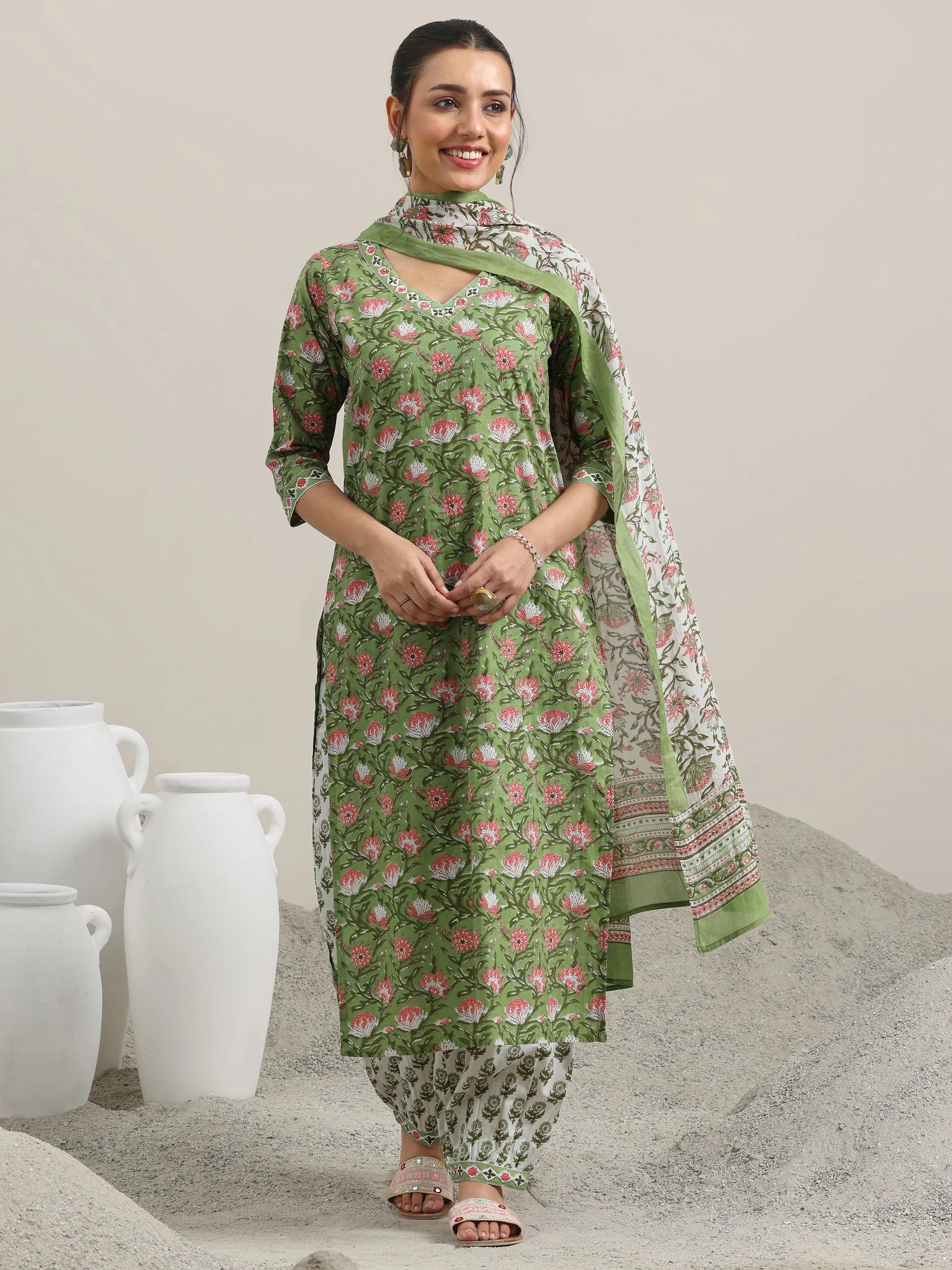 Green Printed Cotton Straight Suit Set With Dupatta
