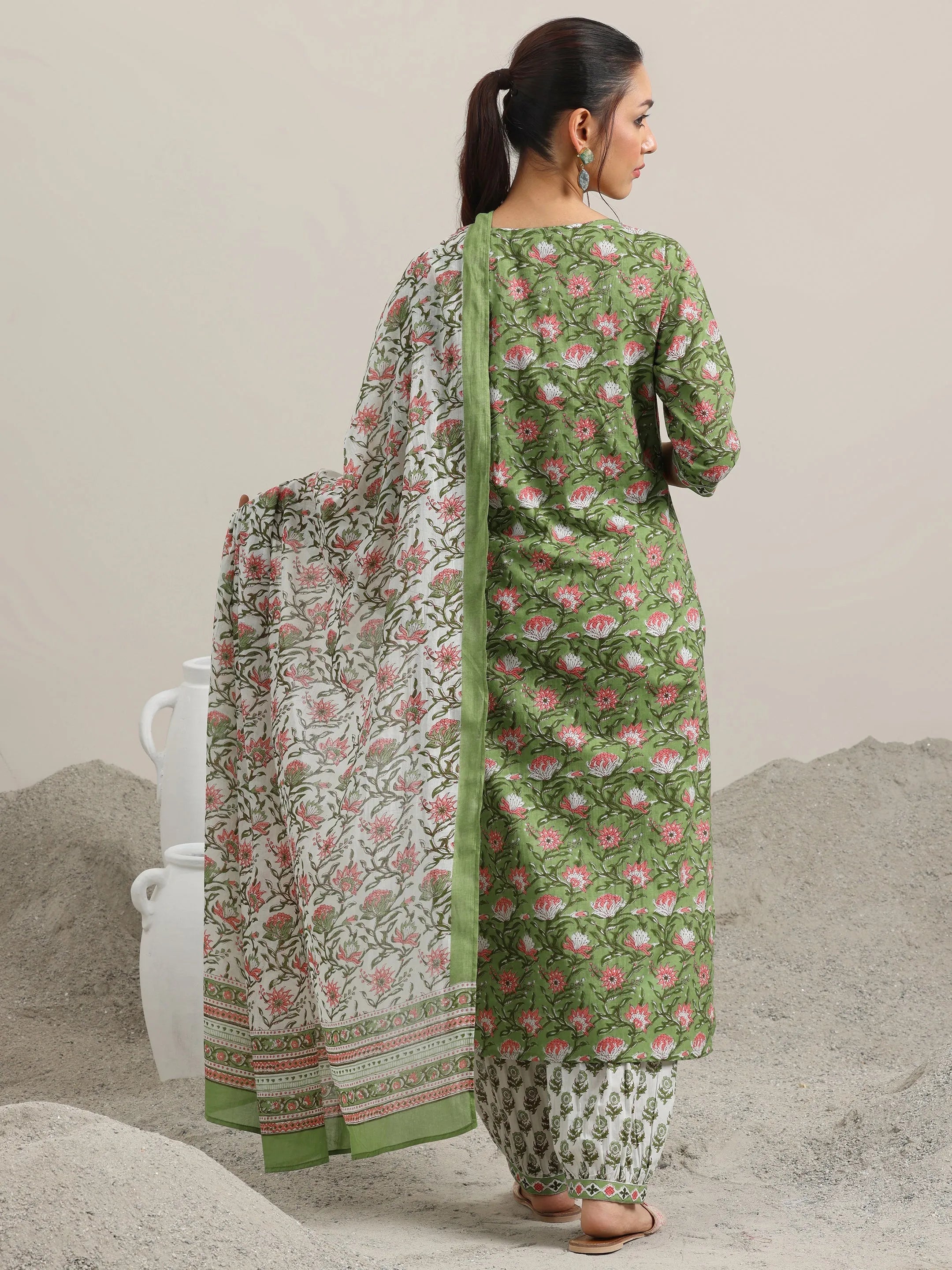 Green Printed Cotton Straight Suit Set With Dupatta