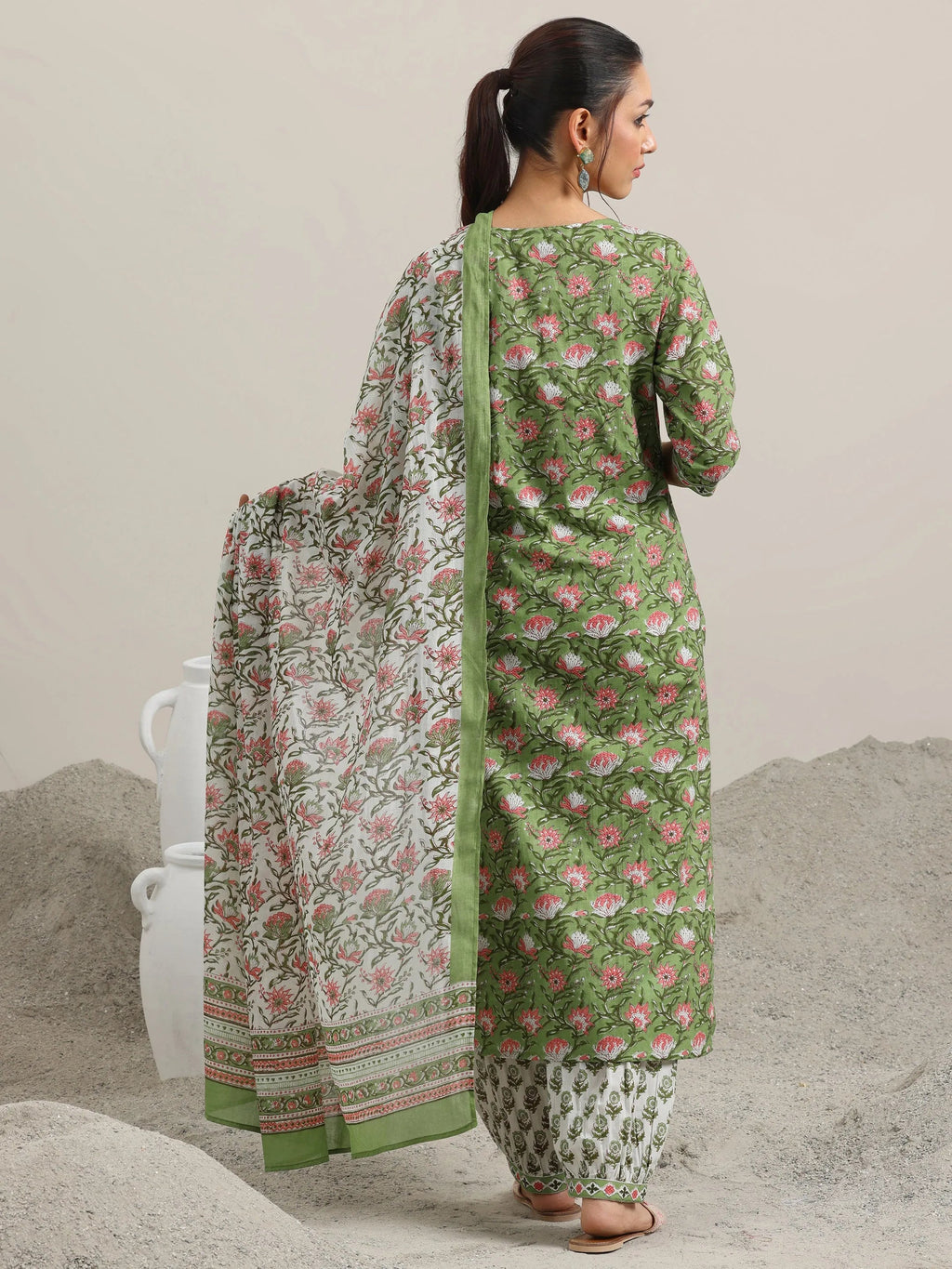 Green Printed Cotton Straight Suit Set With Dupatta