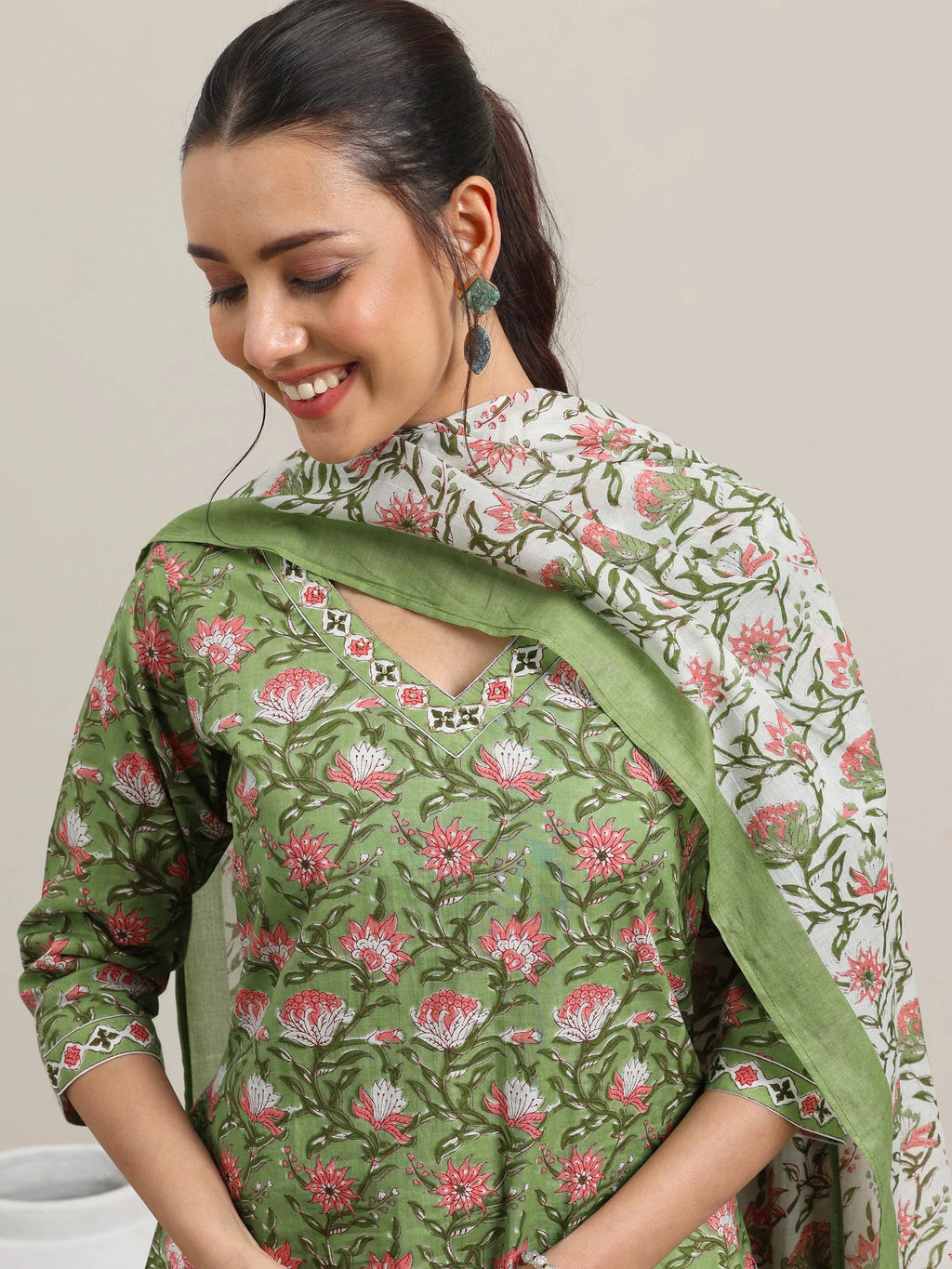 Green Printed Cotton Straight Suit Set With Dupatta