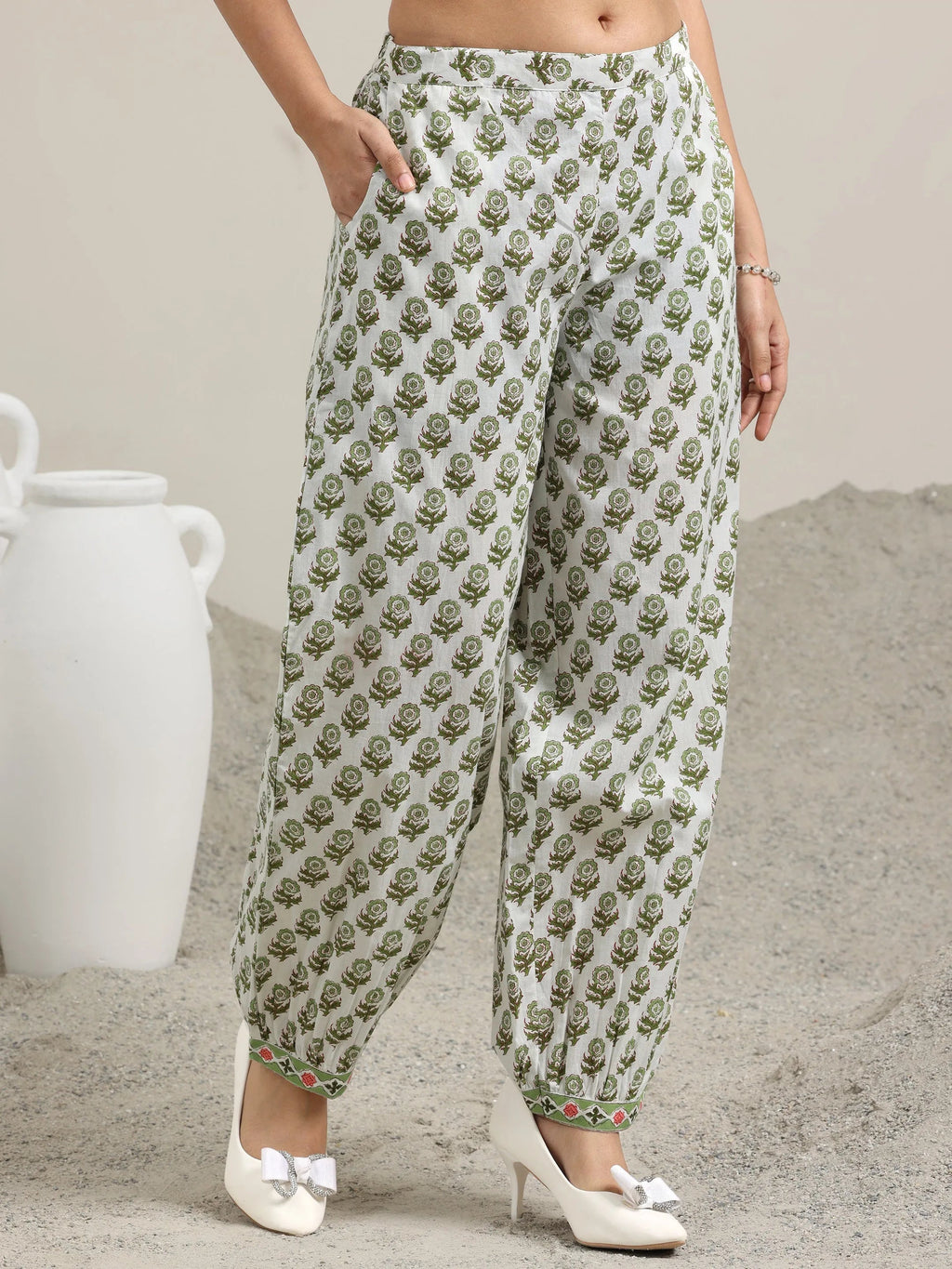 Green Printed Cotton Straight Suit Set With Dupatta