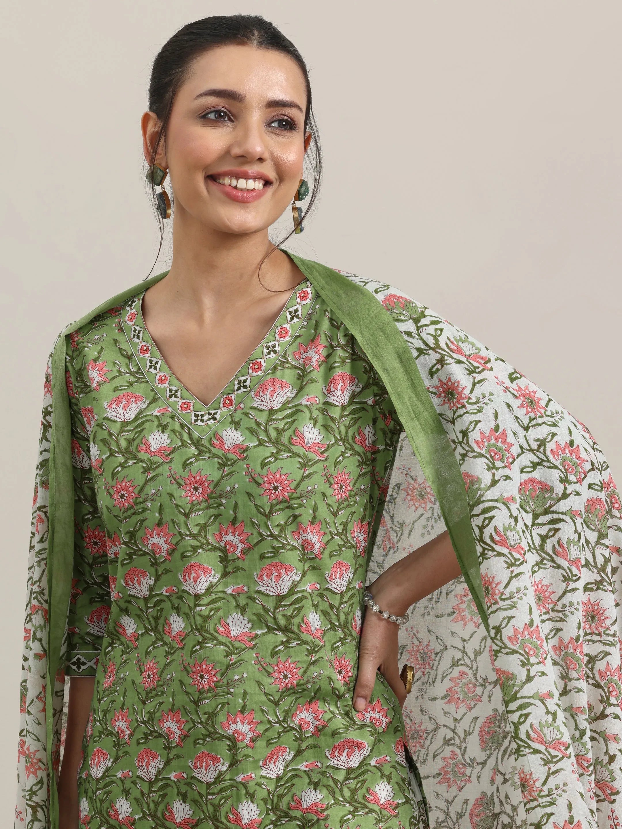Green Printed Cotton Straight Suit Set With Dupatta