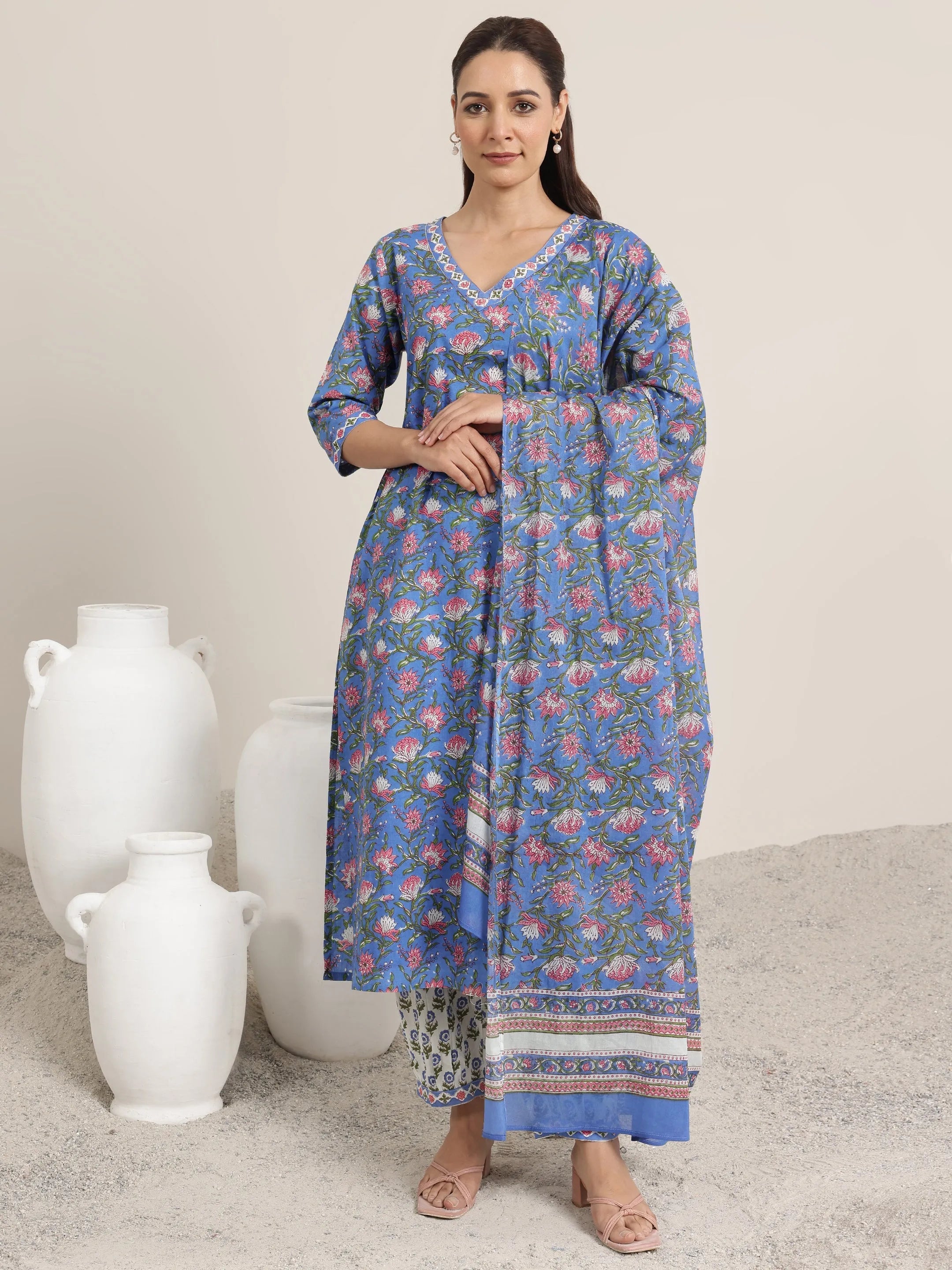 Blue Printed Cotton Straight Suit Set With Dupatta
