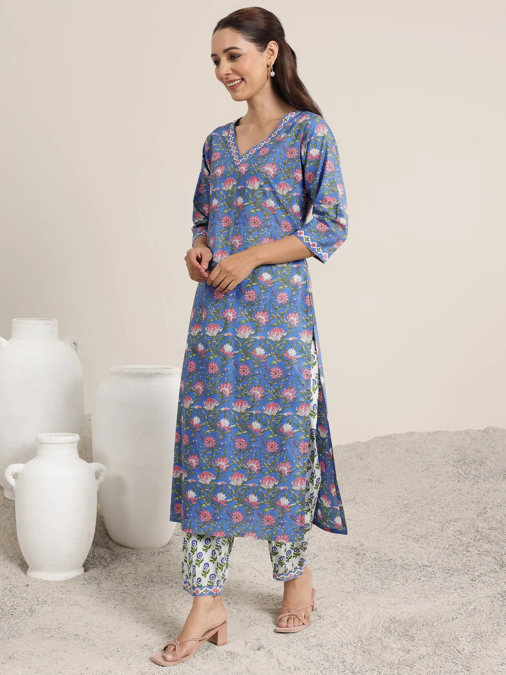 Blue Printed Cotton Straight Suit Set With Dupatta