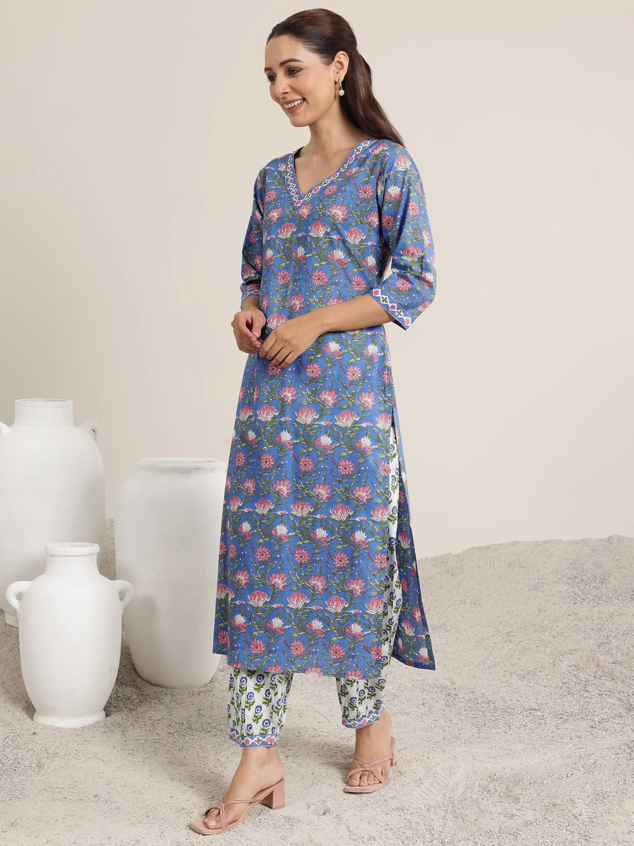 Blue Printed Cotton Straight Suit Set With Dupatta