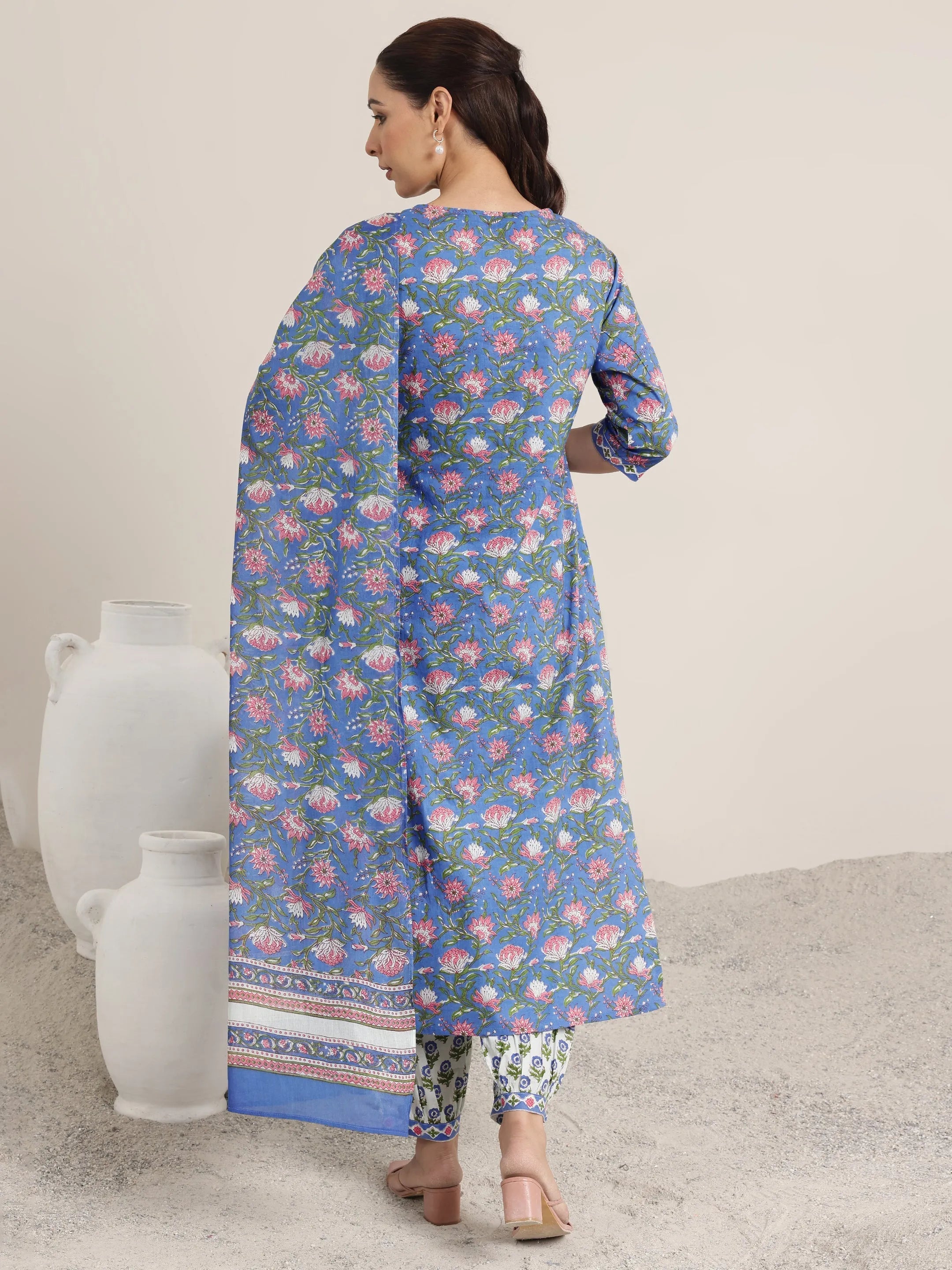 Blue Printed Cotton Straight Suit Set With Dupatta