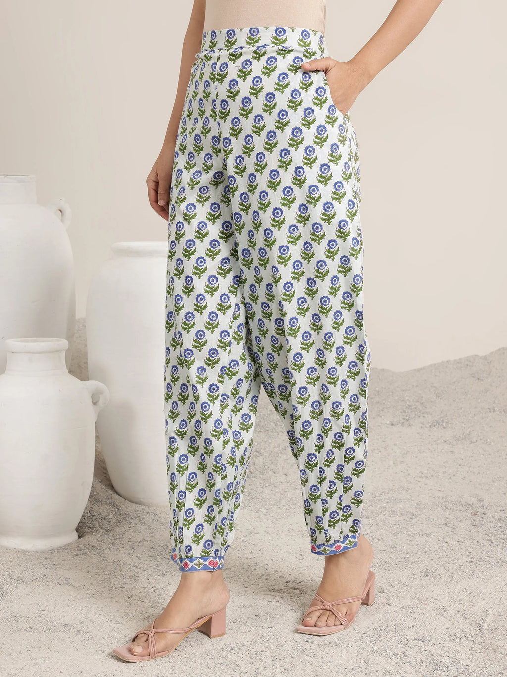 Blue Printed Cotton Straight Suit Set With Dupatta