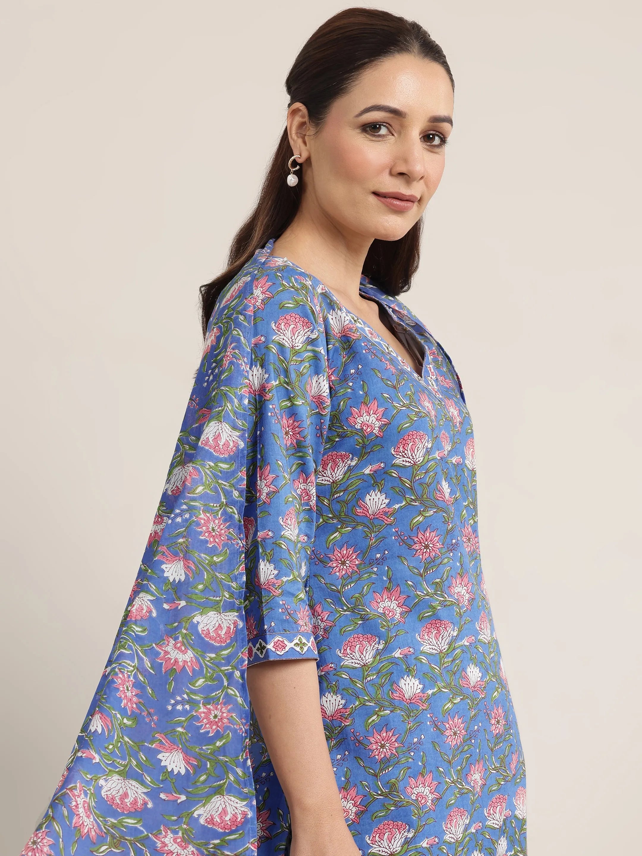 Blue Printed Cotton Straight Suit Set With Dupatta