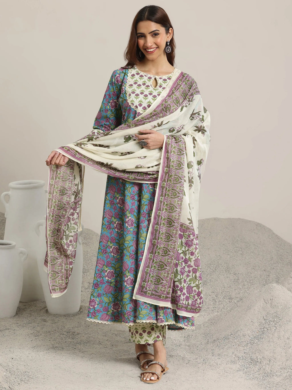 Blue Printed Cotton Anarkali  Suits With Dupatta