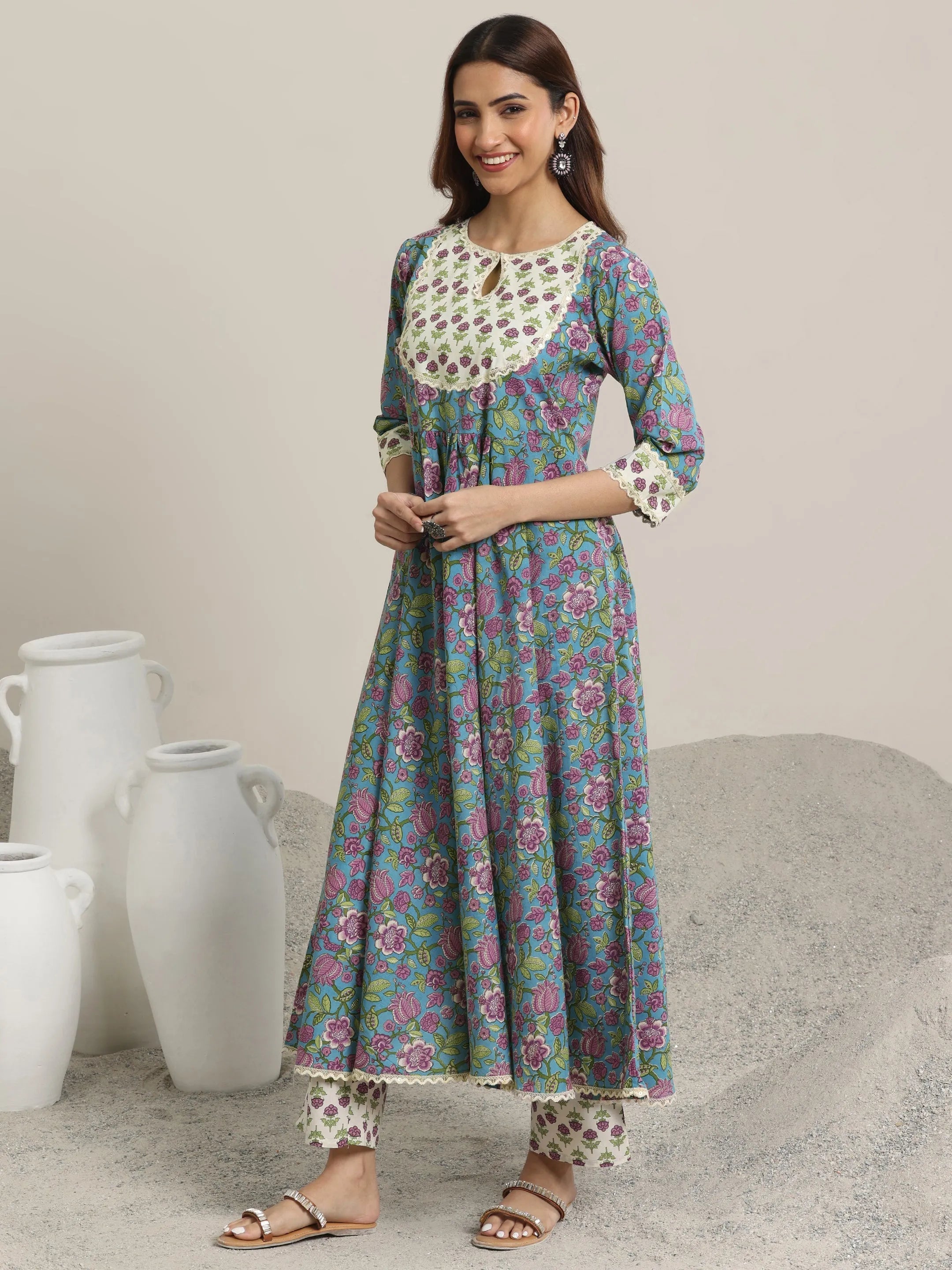 Blue Printed Cotton Anarkali  Suits With Dupatta