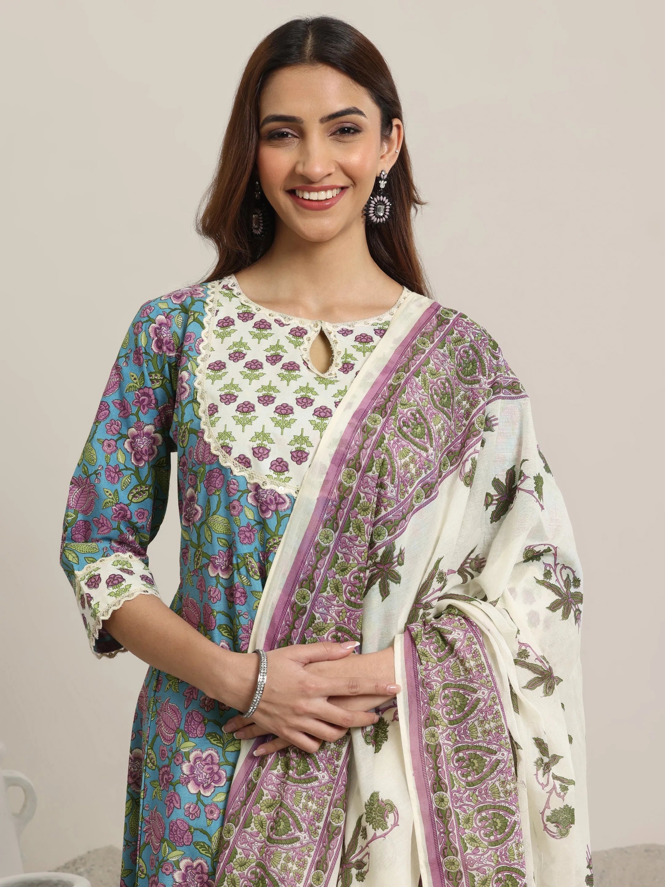 Blue Printed Cotton Anarkali  Suits With Dupatta