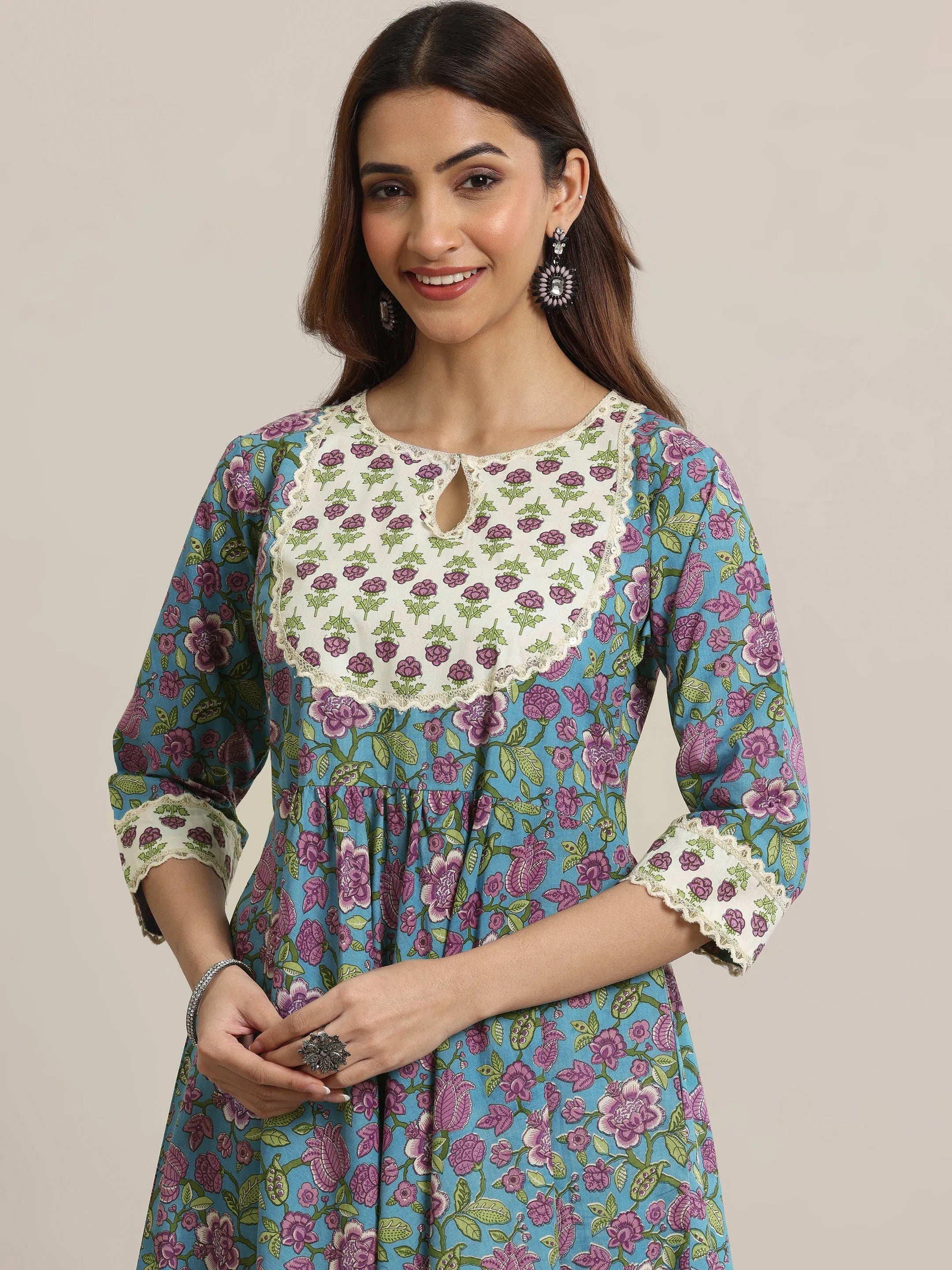 Blue Printed Cotton Anarkali  Suits With Dupatta