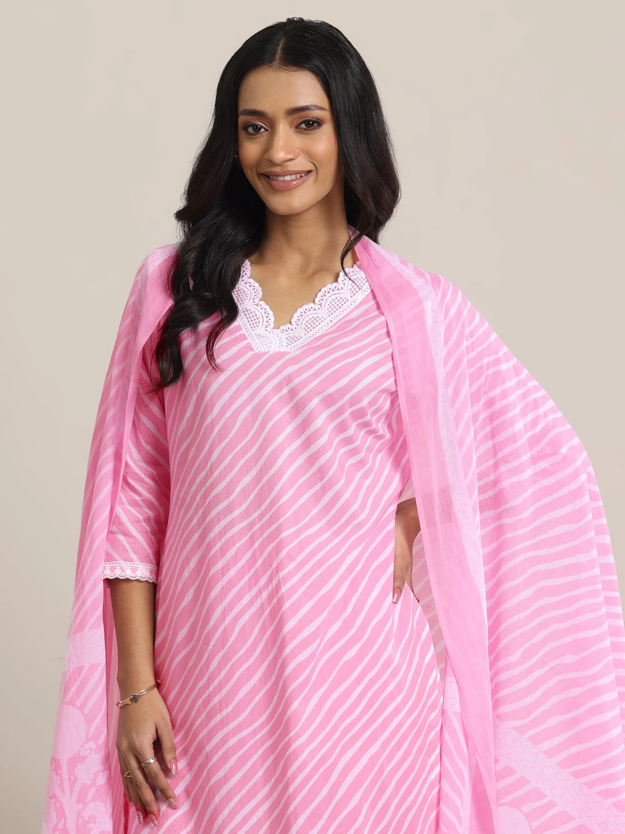 Pink Printed Cotton Straight Suit Set With Dupatta