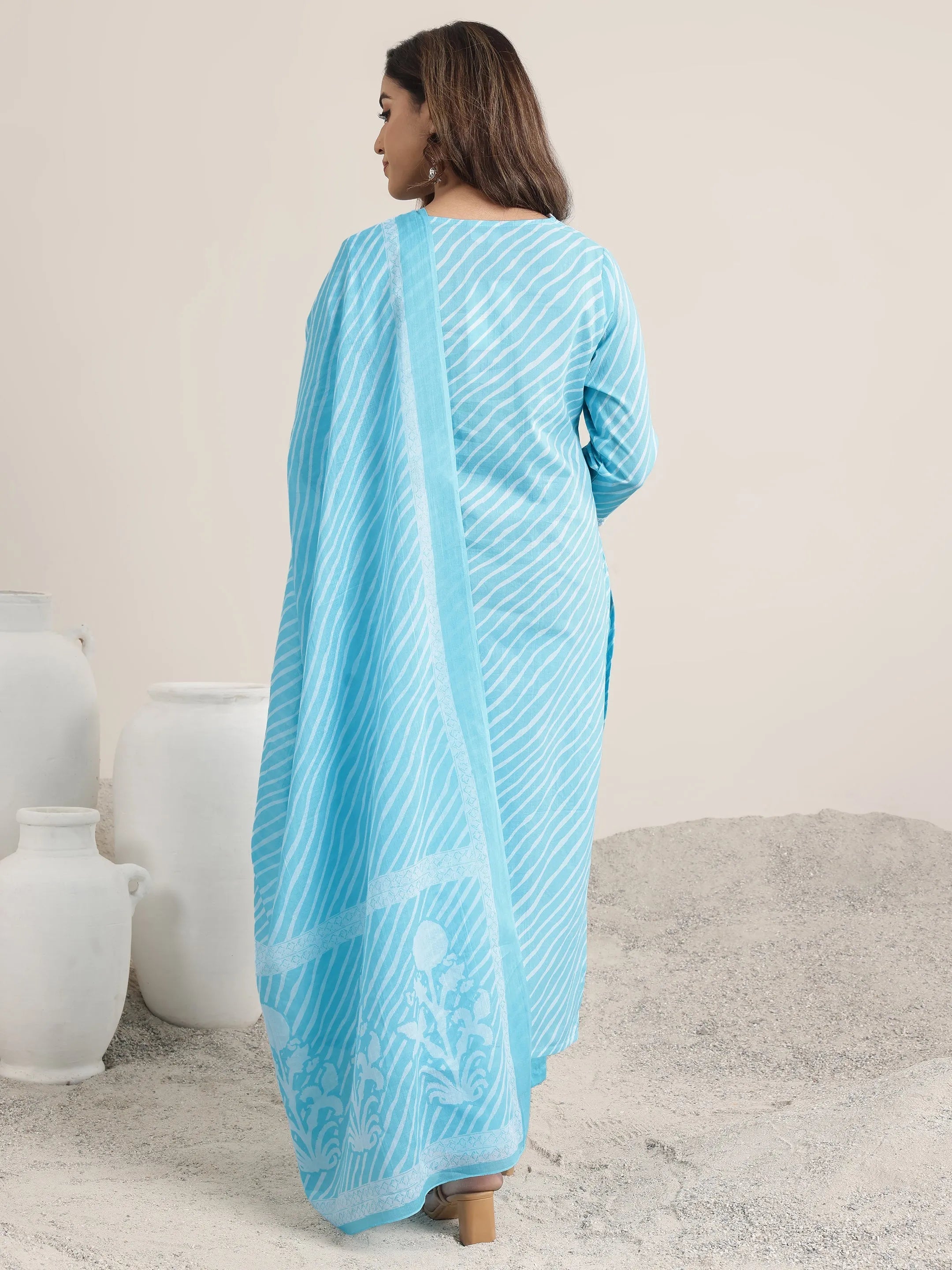 Blue Printed Cotton Straight Suit Set With Dupatta