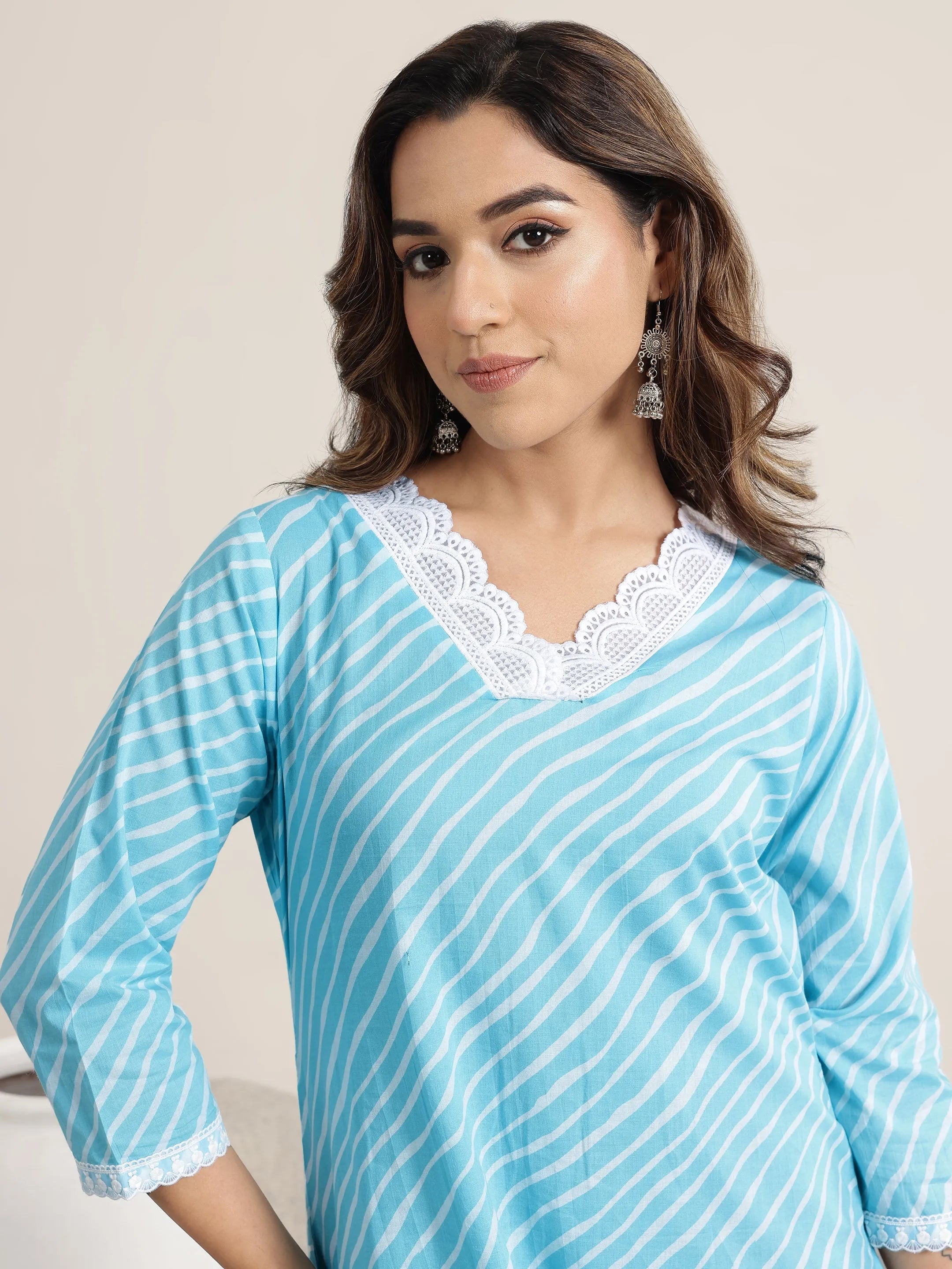 Blue Printed Cotton Straight Suit Set With Dupatta