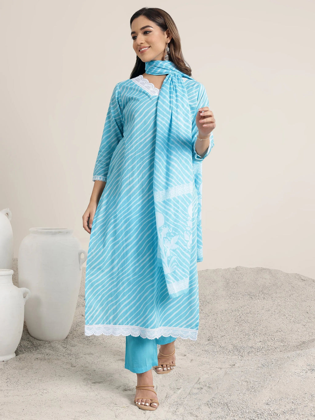 Blue Printed Cotton Straight Suit Set With Dupatta