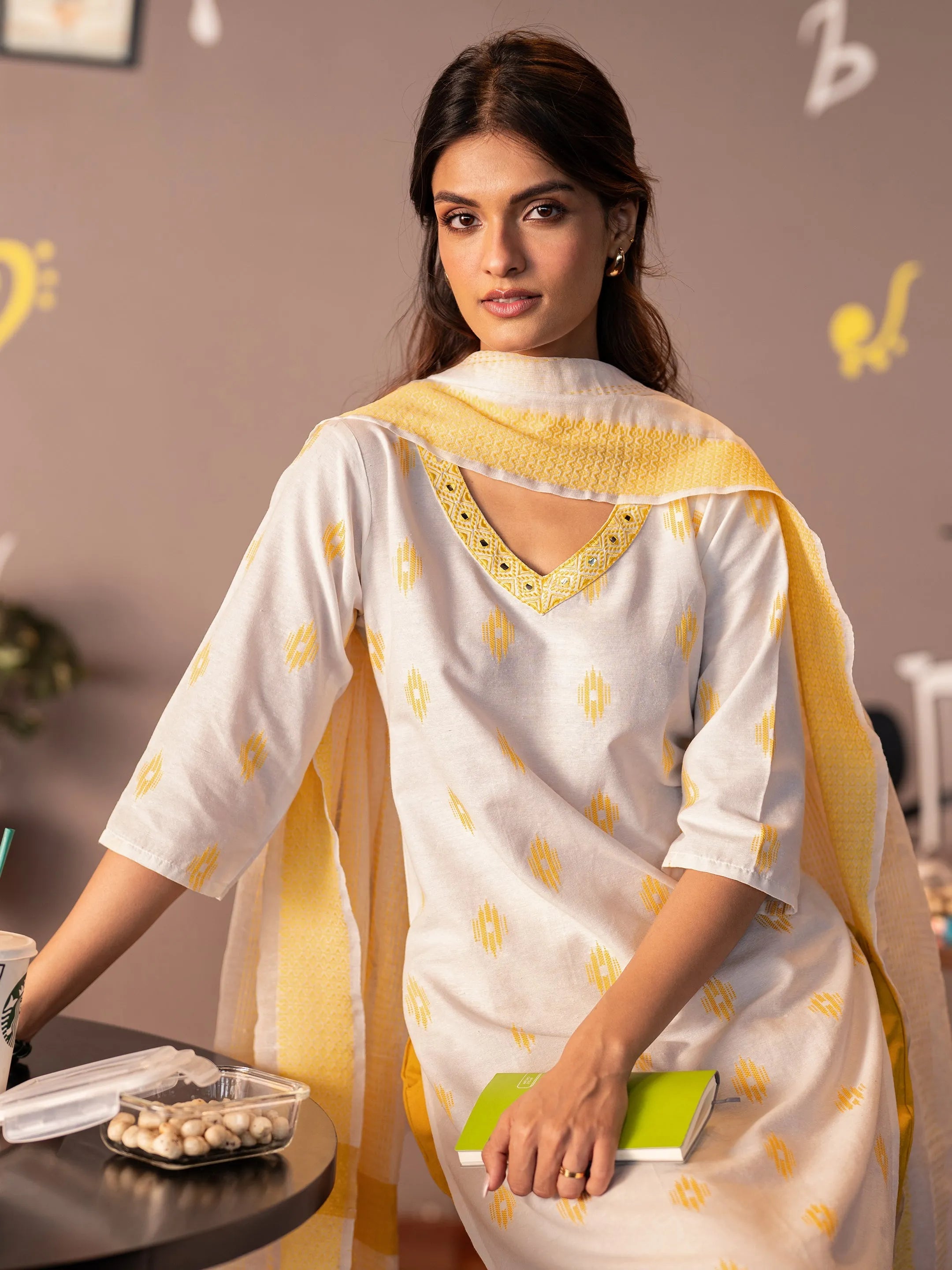 Off white Woven Design Cotton Blend Straight Suit Set With Dupatta