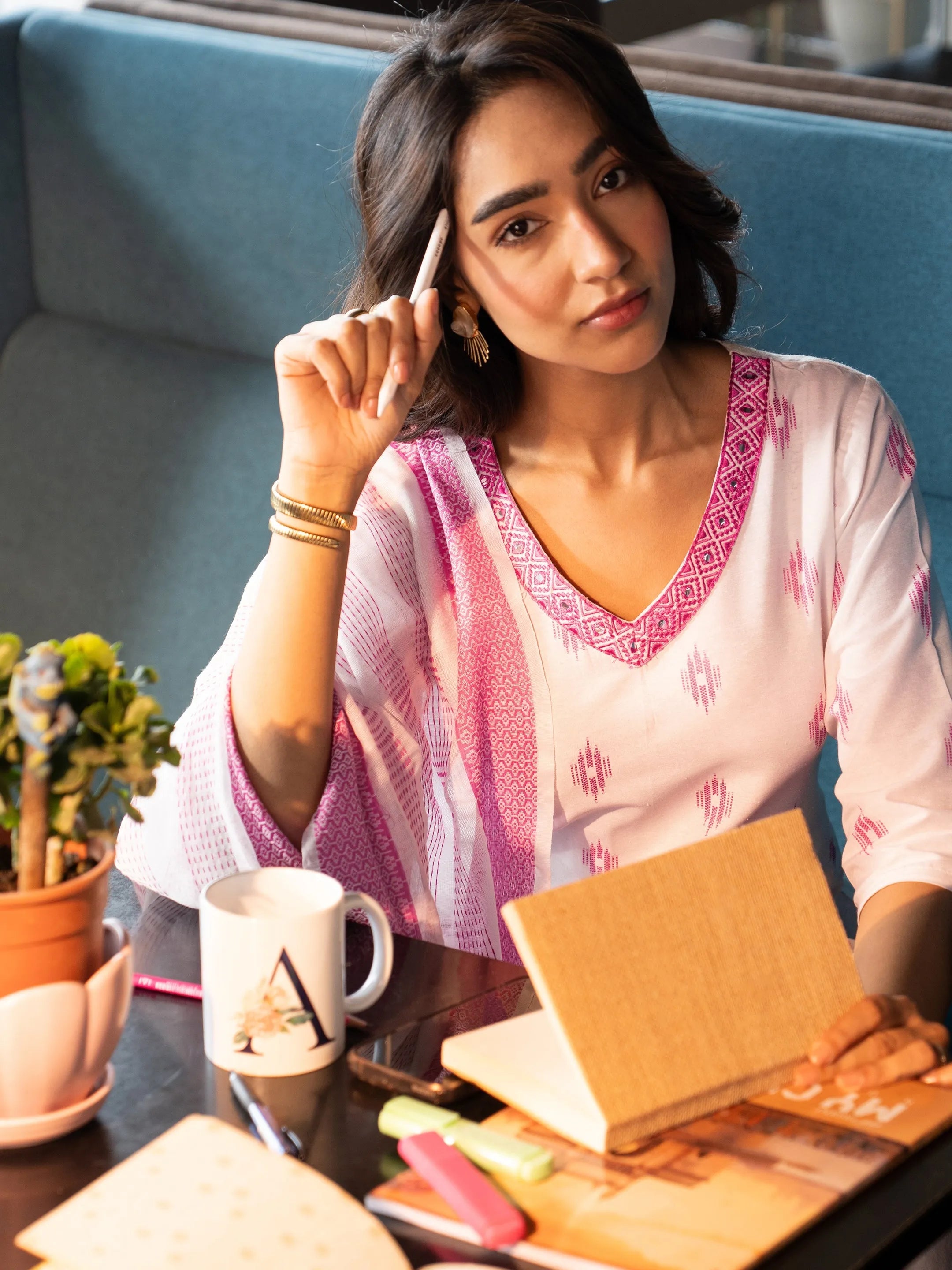 Off white Woven Design Cotton Blend Straight Suit Set With Dupatta