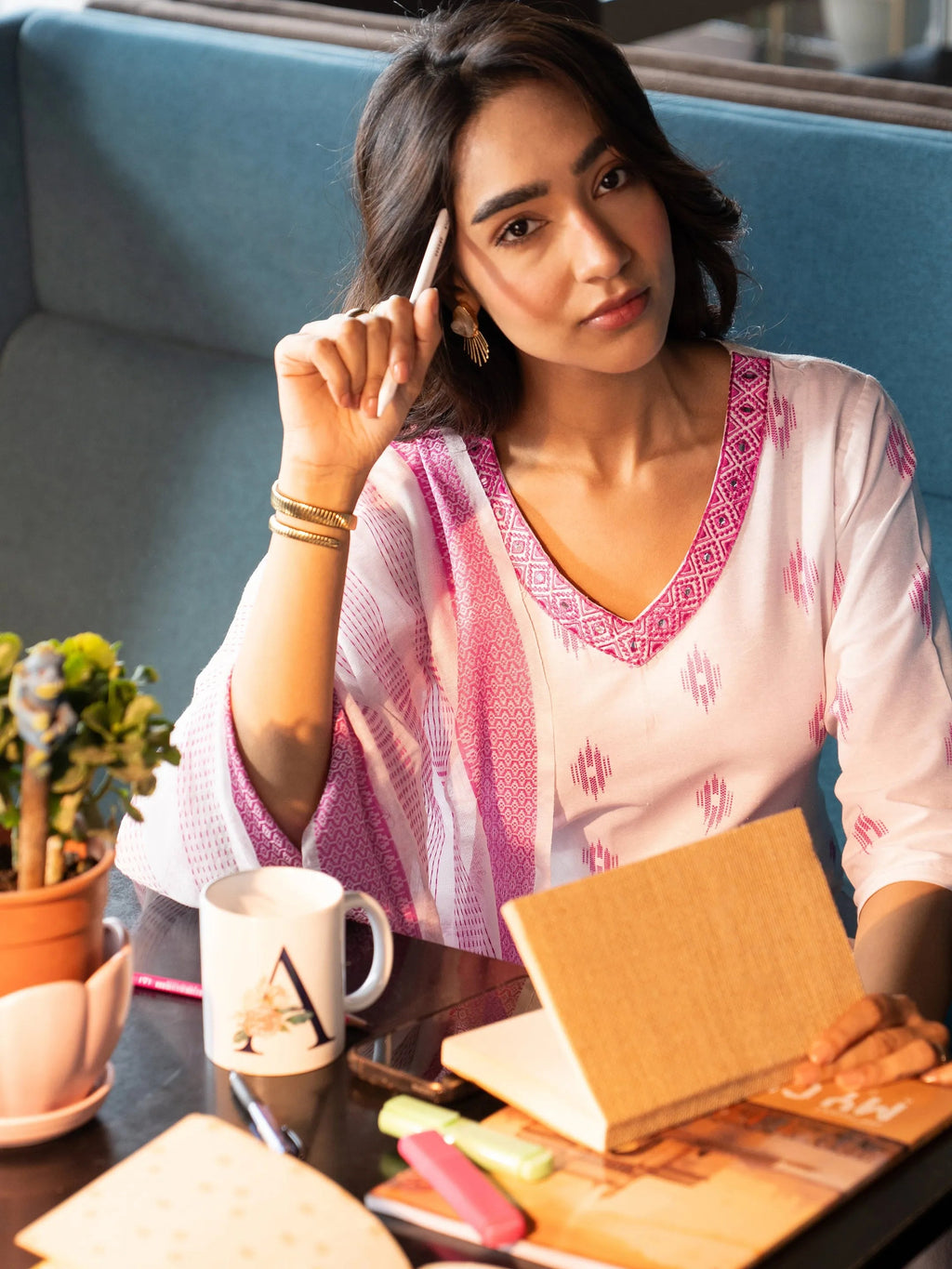 Off white Woven Design Cotton Blend Straight Suit Set With Dupatta