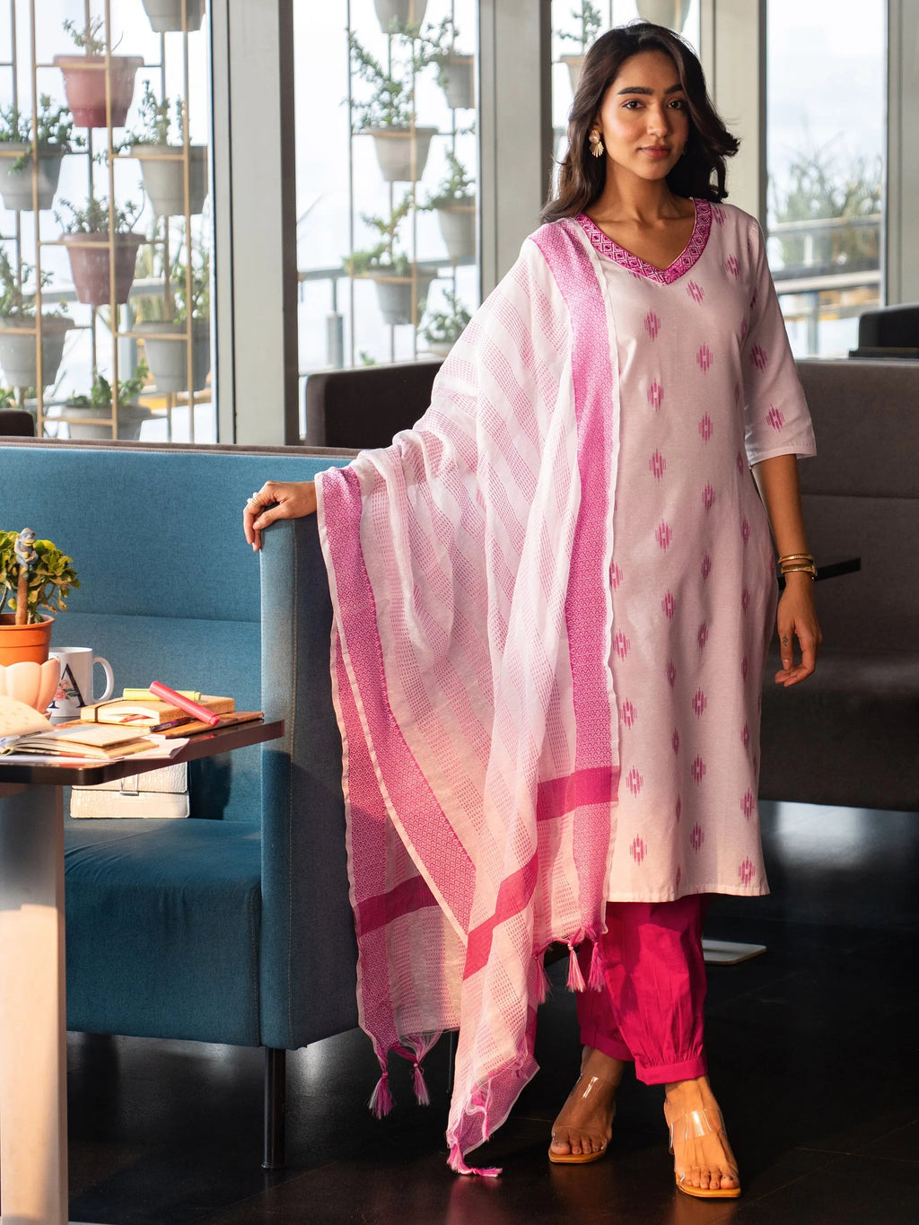 Off white Woven Design Cotton Blend Straight Suit Set With Dupatta