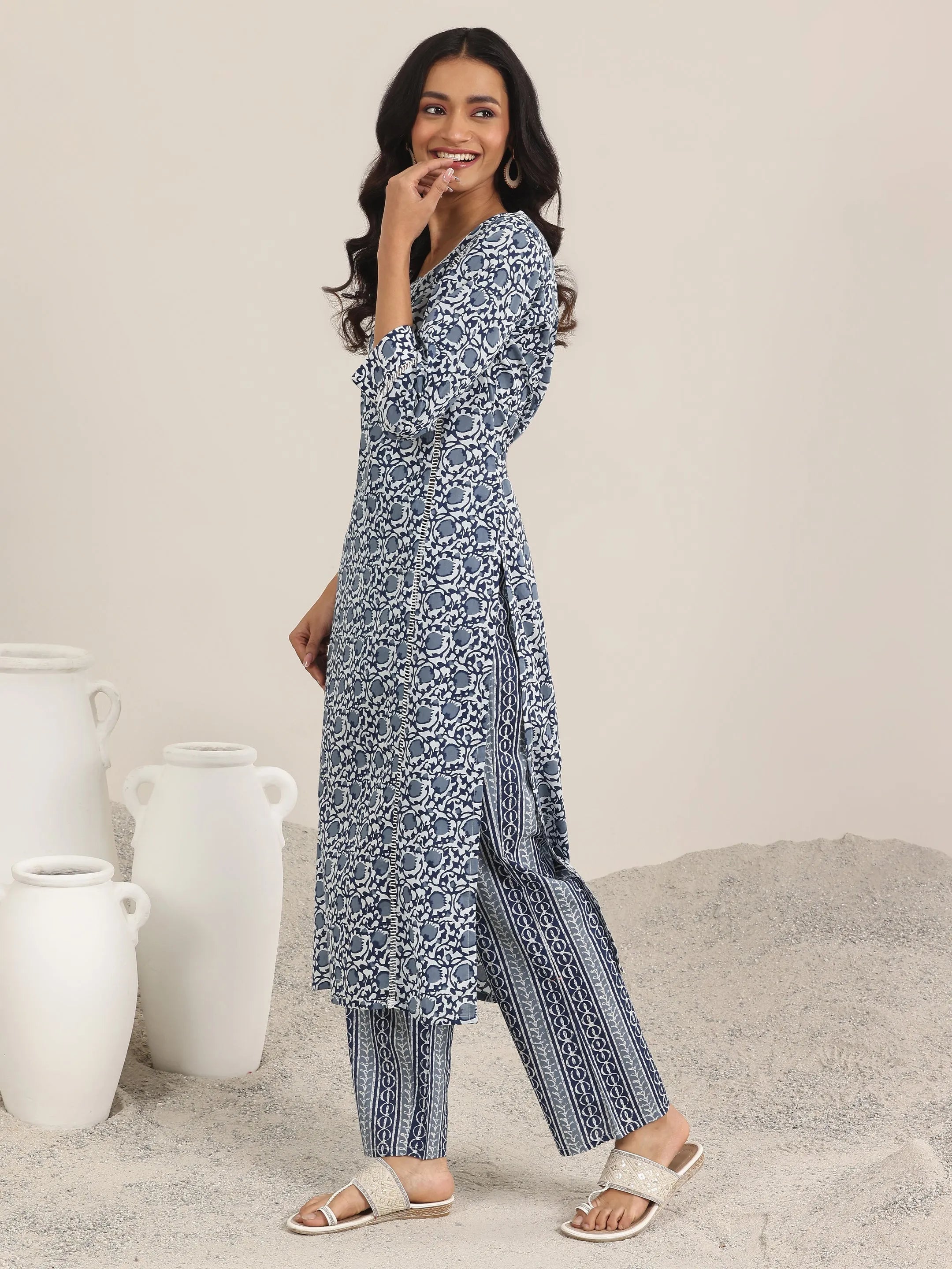 Blue Printed Cotton Straight Suit Set With Dupatta