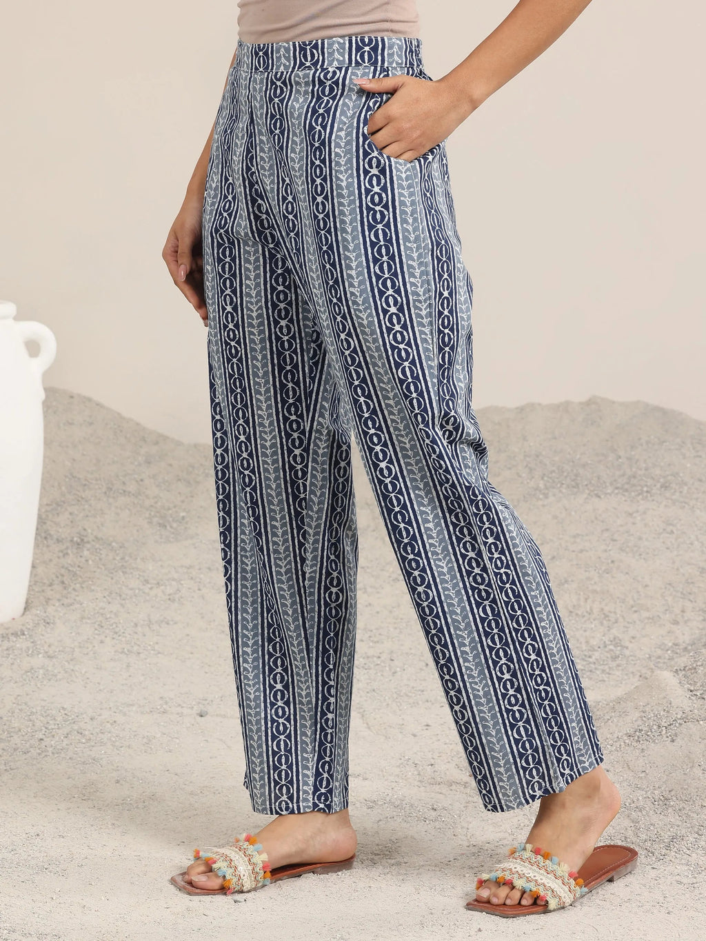 Blue Printed Cotton Straight Suit Set With Dupatta