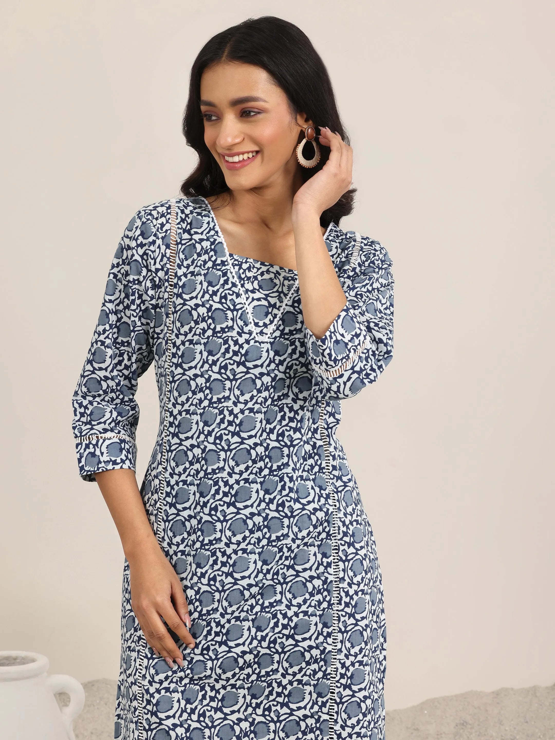 Blue Printed Cotton Straight Suit Set With Dupatta