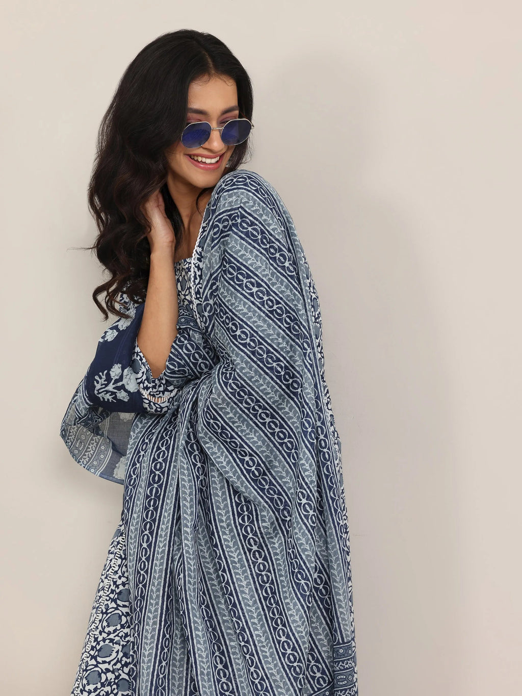 Blue Printed Cotton Straight Suit Set With Dupatta