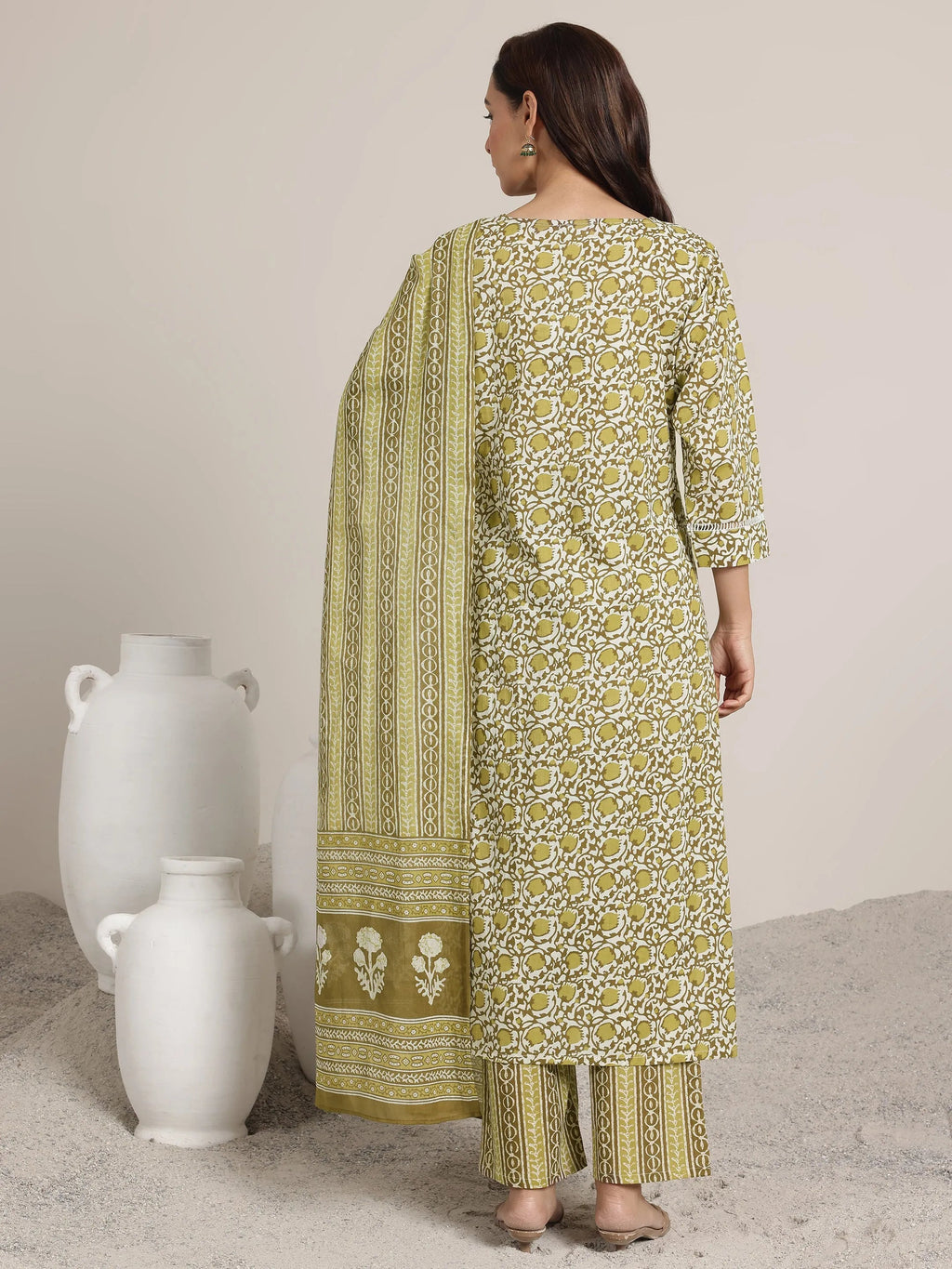 Green Printed Cotton Straight Suits With Dupatta