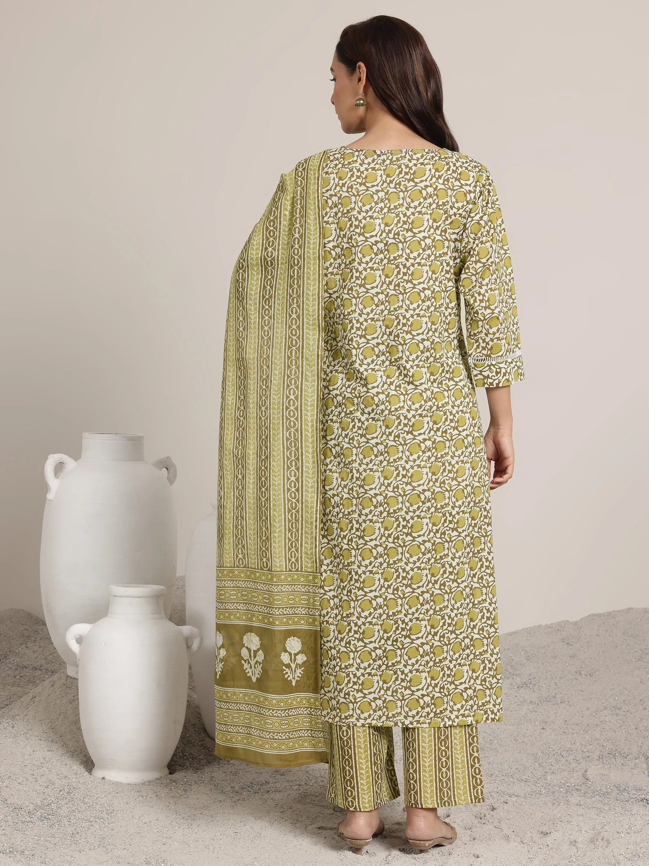 Green Printed Cotton Straight Suits With Dupatta