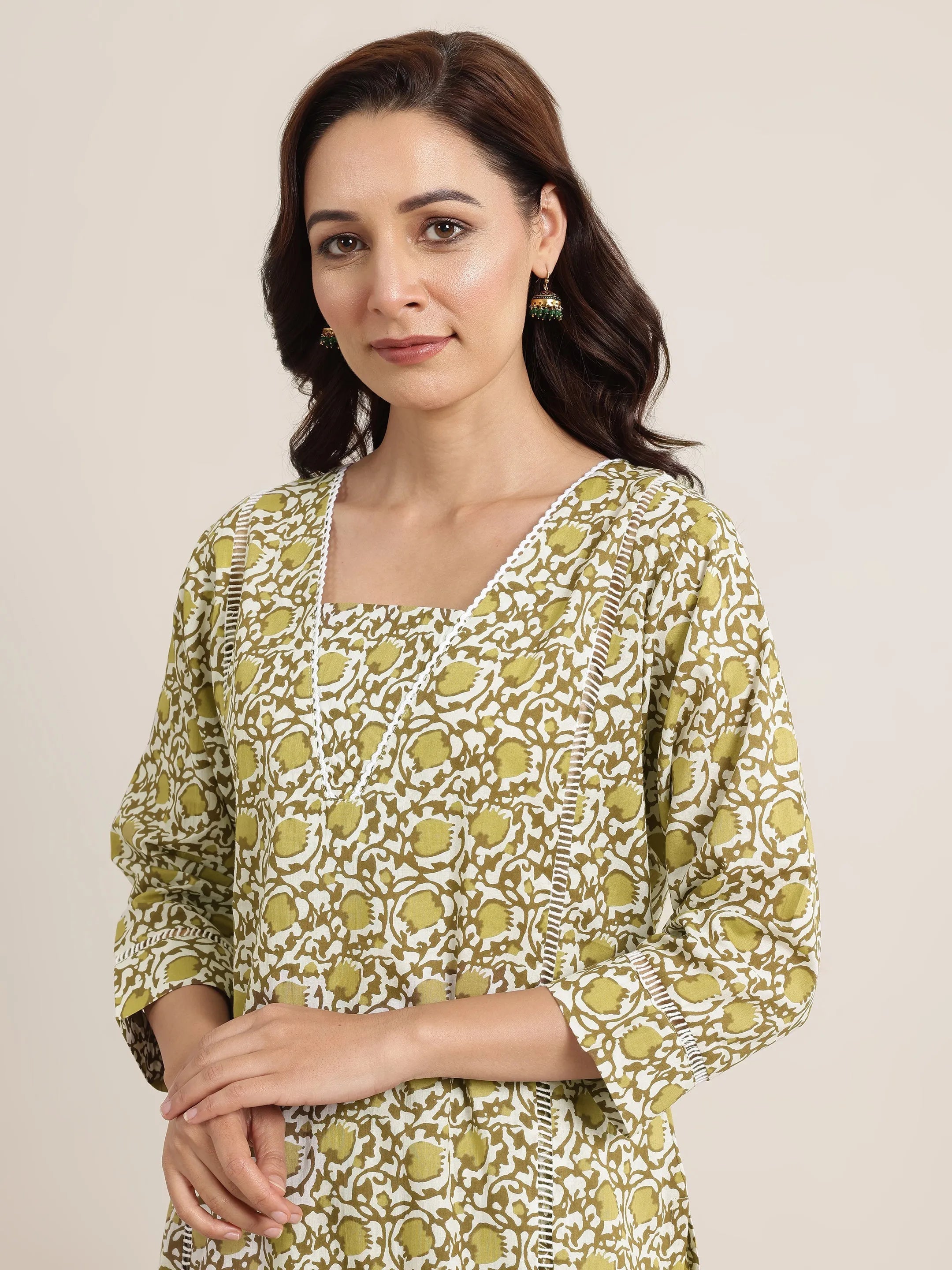 Green Printed Cotton Straight Suits With Dupatta