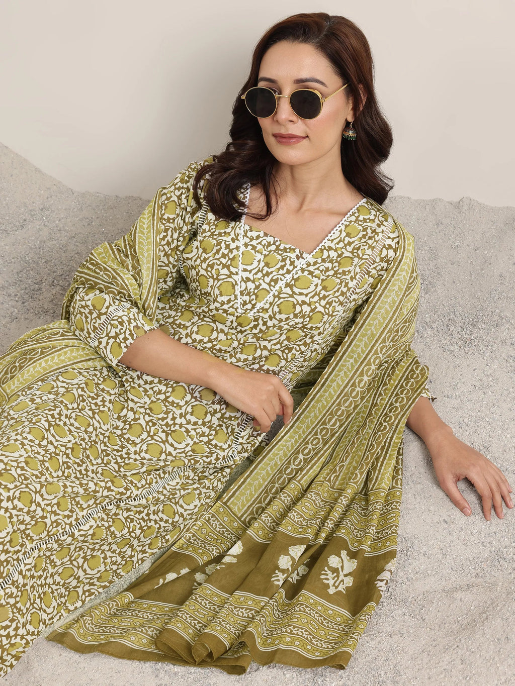 Green Printed Cotton Straight Suits With Dupatta
