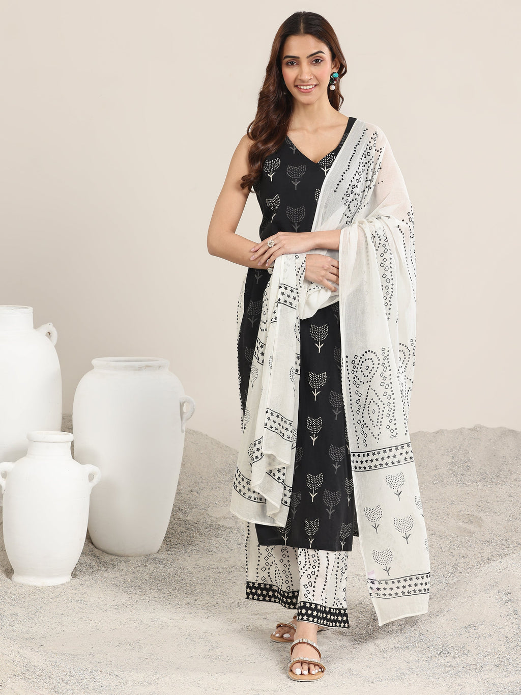 Black Printed Cotton Straight Suit With Dupatta
